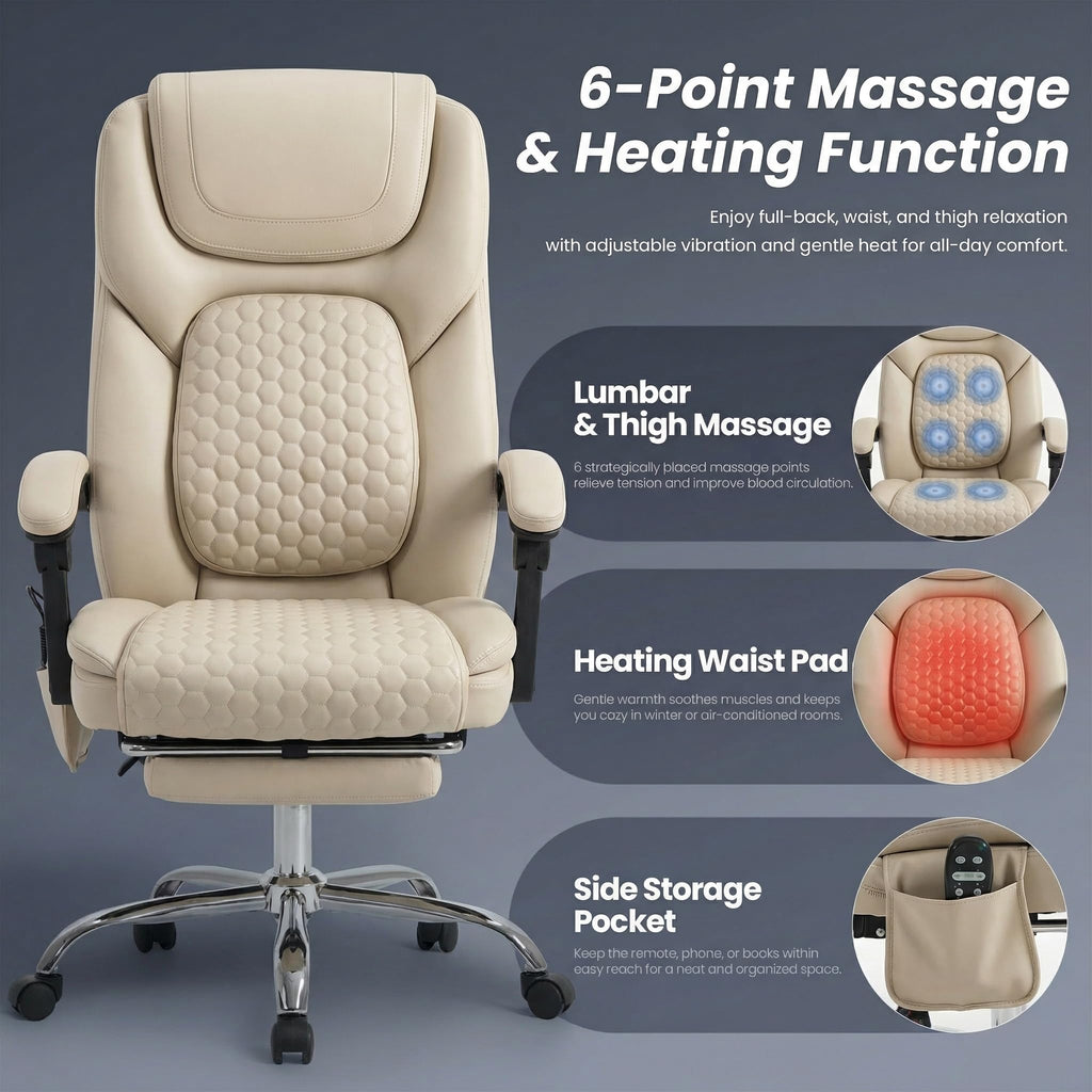 Malol Massage Office Chair with Heat and Footrest, 300 Lbs Easy Assembly Leather Desk Chair -3-level 65°c Targeted Heating, Big and Tall