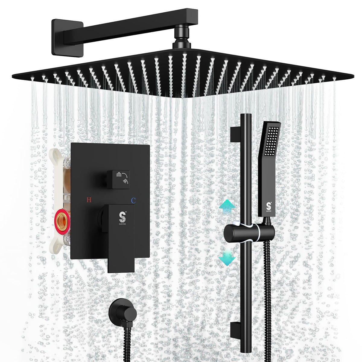 SR SUN RISE 12 Inch Slide Bar Shower Faucet Luxury High Pressure Shower Heads and Handheld Spray Combo Set Wall Mounted Shower System Included Valve and Trim Kit, Matte Black