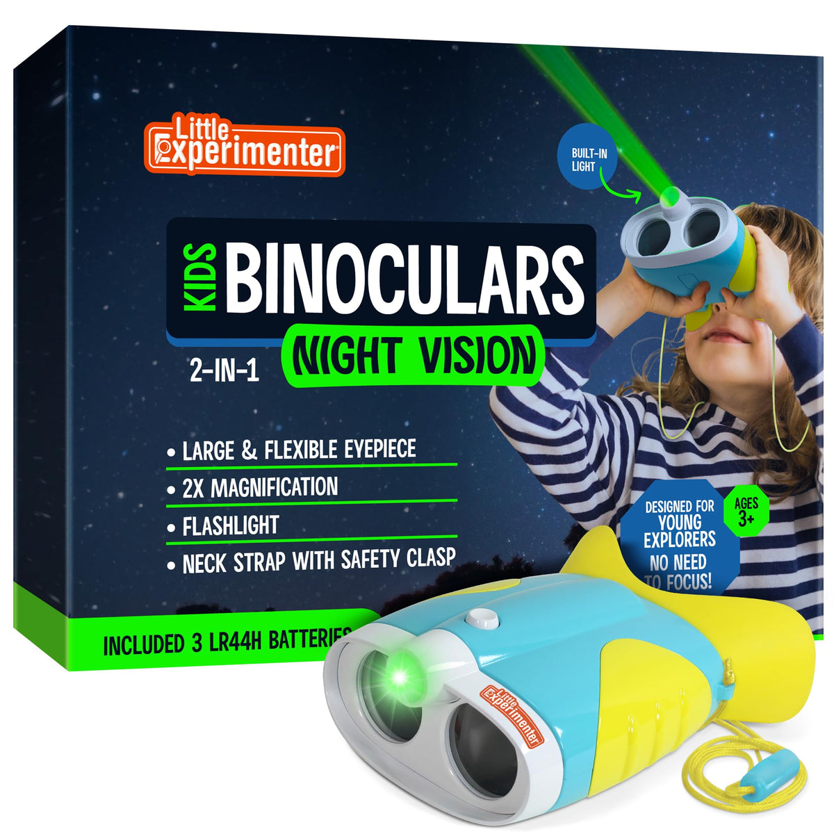 Little Experimenter Night Vision Binoculars for Toddlers & Kids, Flash Light & Face Comfort Rubber, Gifts for Kids, Outdoor Toys, Educational STEM Gifts for Boys & Girls Ages 3 4 5 6 Year Old