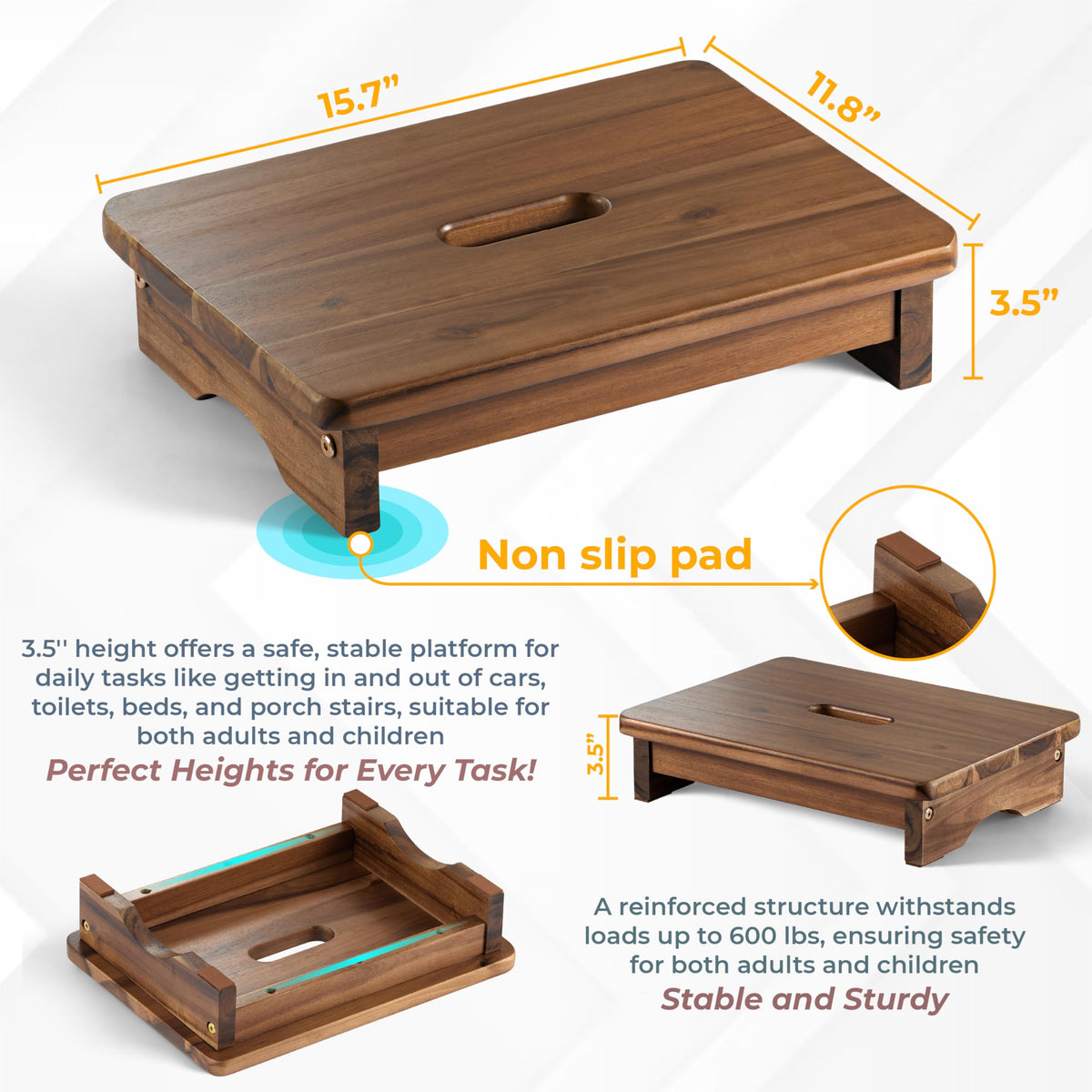 Fanatu Wooden Step Stool, One Step Stool for Adults, Bedside Wooden Stool with 550lbs Capacity, Portable & Non-slip Heavy Duty Design (rich