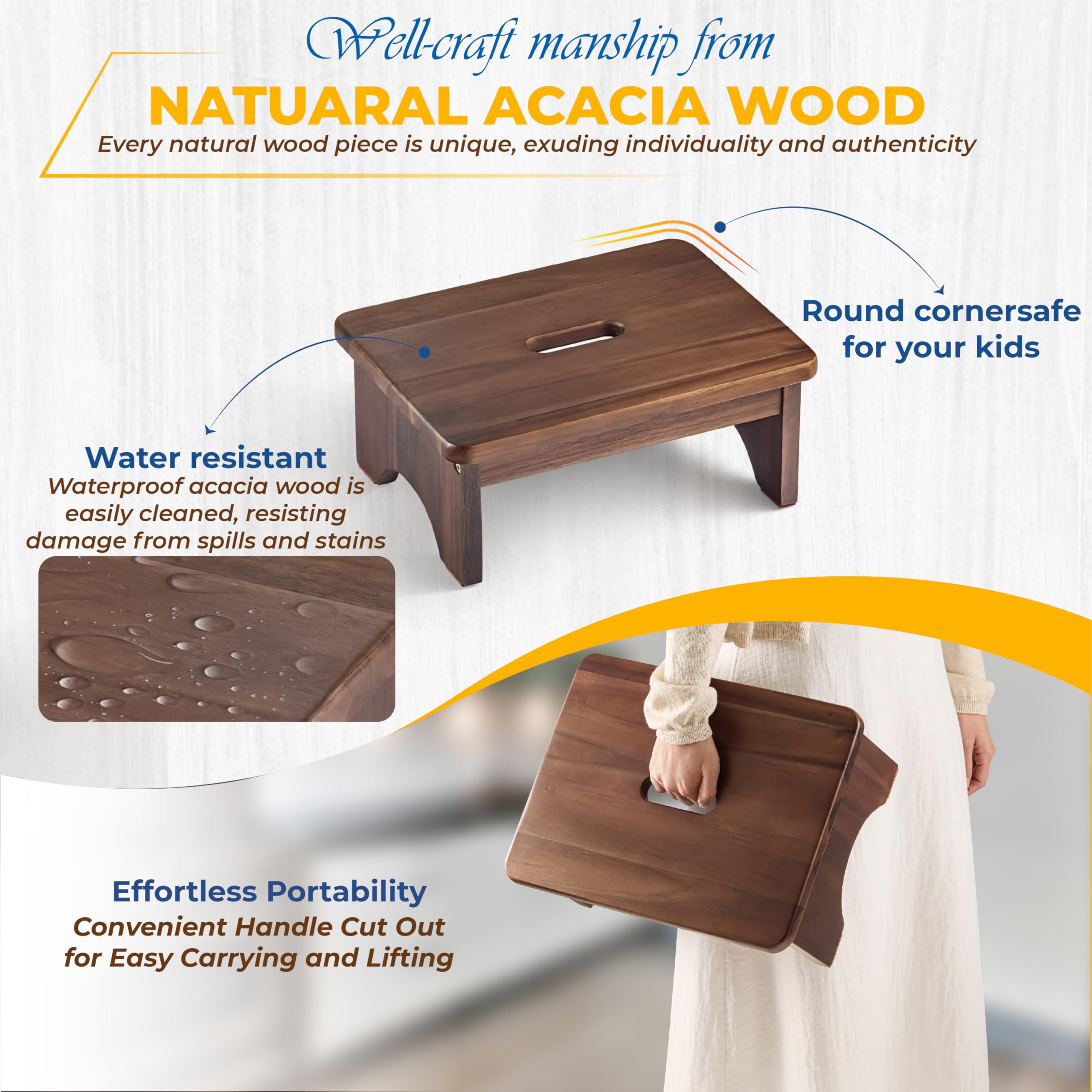 Fanatu Wooden Step Stool, 6.5'' One Step Stool for Adults, 550 Lbs Capacity, 6.5in Height, Rich Walnut