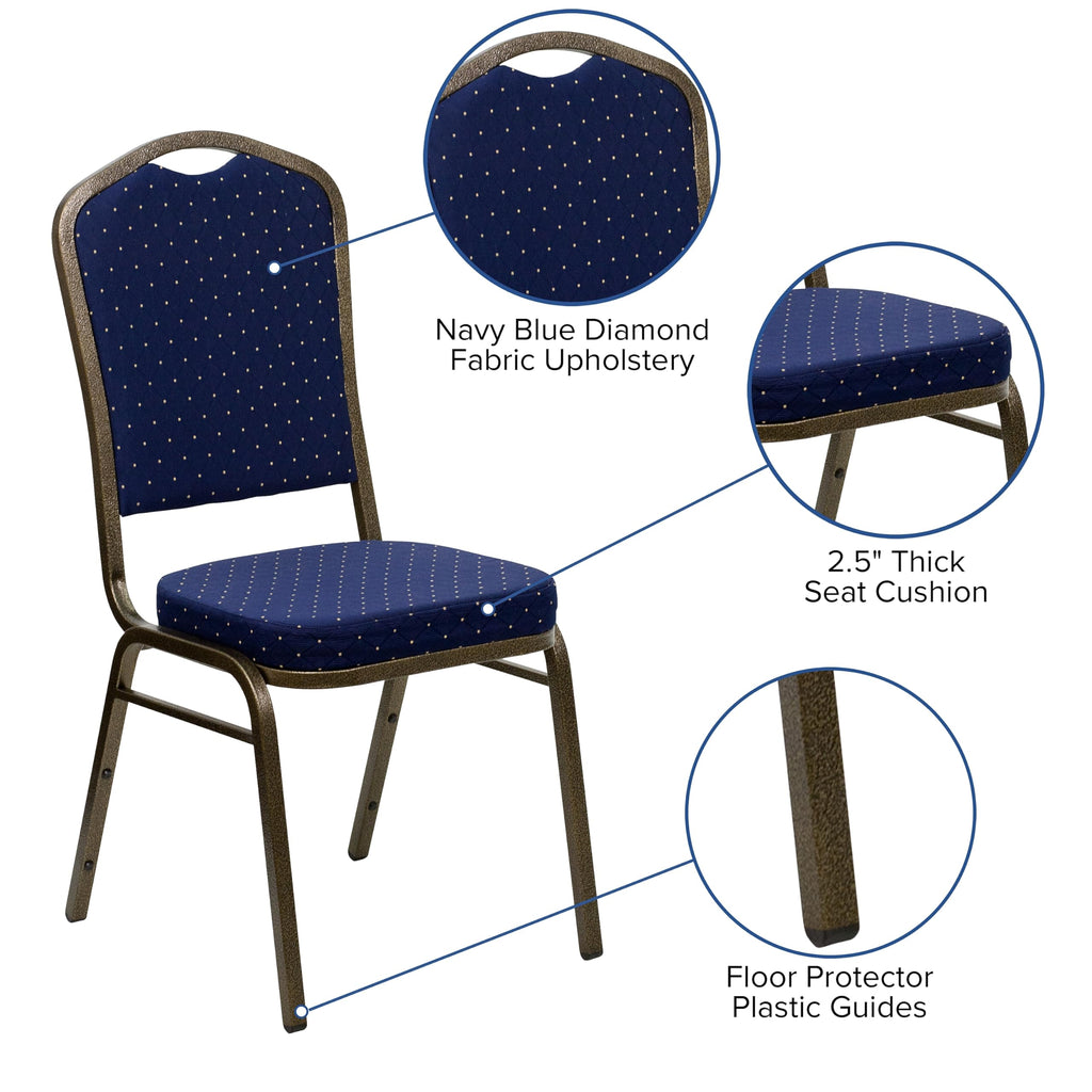 Flash Furniture Hercules Crown Back Stackable Banquet Chair, Navy Blue, Set of 1, Navy Blue Dot Patterned Fabric/gold Vein Frame