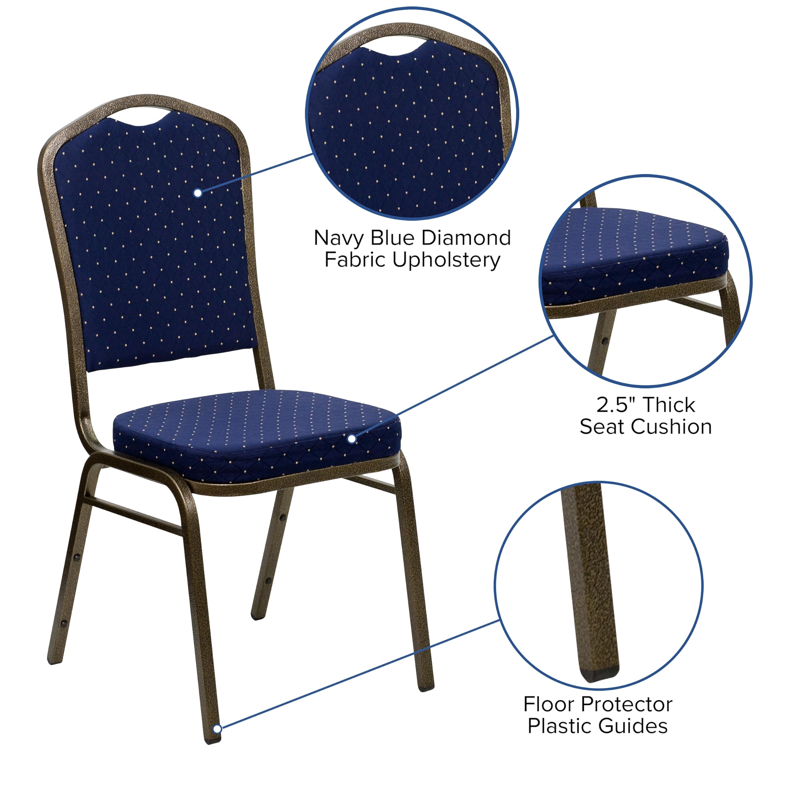 Flash Furniture Hercules Crown Back Stackable Banquet Chair, Navy Blue, Set of 1, Navy Blue Dot Patterned Fabric/gold Vein Frame