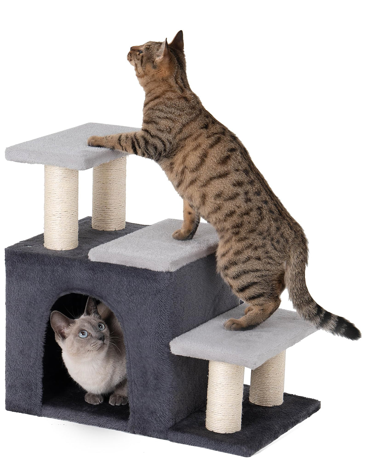 Aechonow 3-in-1 Pet Stairs for Cats, Dog Steps for Small Doggie Rabbits, 6.29''Depth Cat Stairs, Indoor Cat Ladders for High Bed for Pet's Joints, 1 Cat Condo Cave, Sisal Scratcher, Grey, Medium