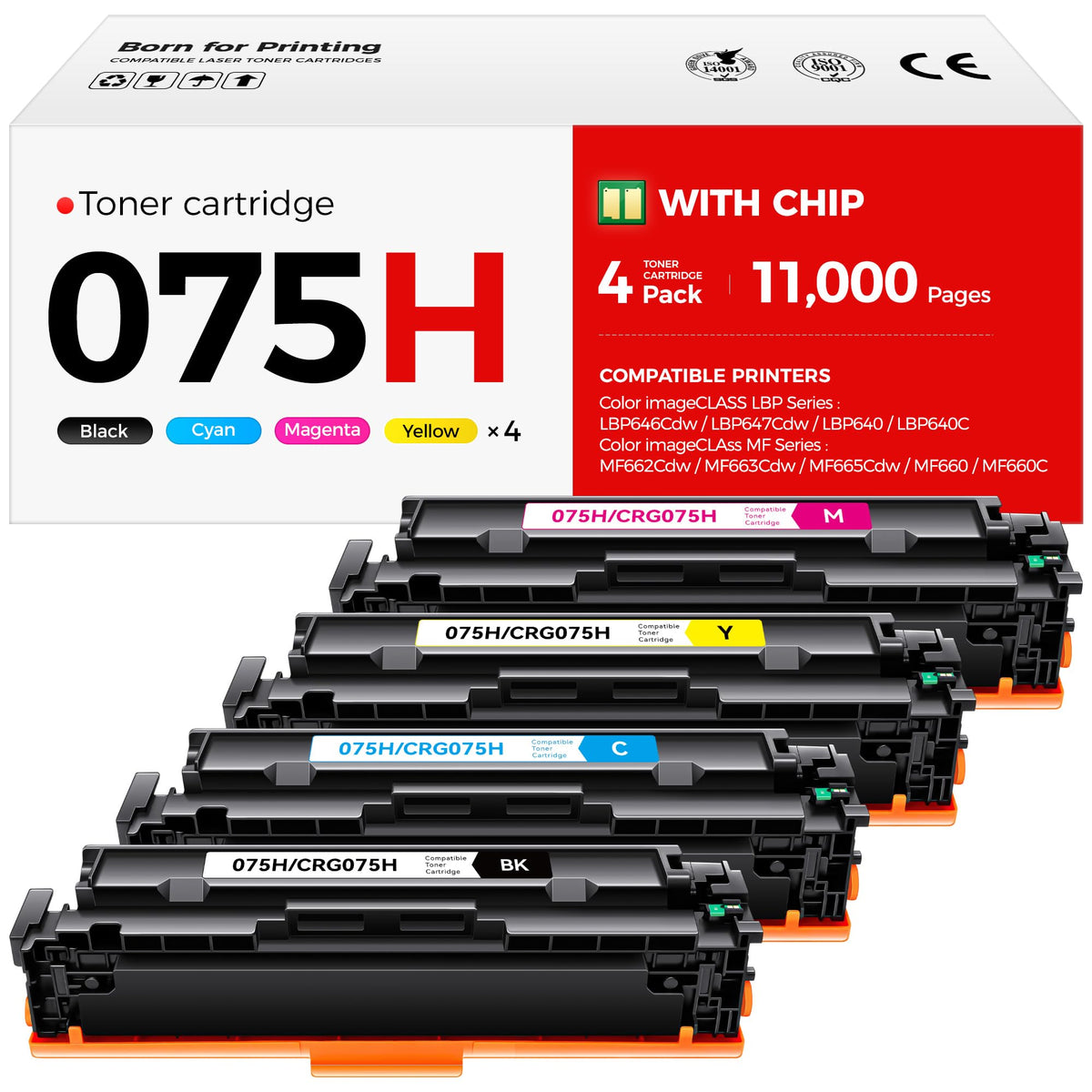 075H Toner Cartridge 4-Pack High Yield with Chip Replacement for Canon 075 075H Compatible with Color imageCLASS MF662Cdw MF663Cdw MF665Cdw LBP646Cdw LBP647Cdw LBP640 MF660 Series Laser Printer Ink