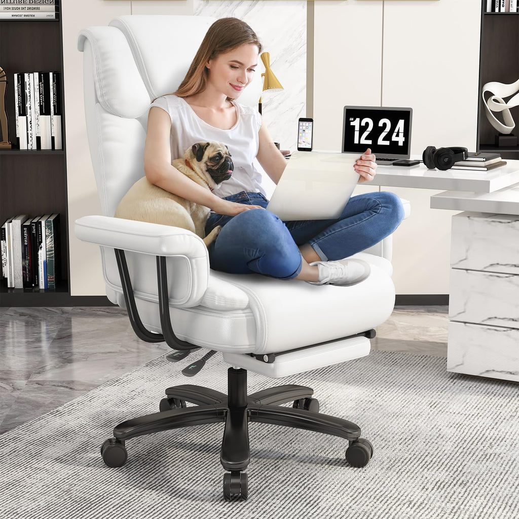 Gyi 160 Reclining Office Chair with Footrest, Big & Tall Desk Chair, White, 22.4 inches x 19.7 inches x 45.6 inches