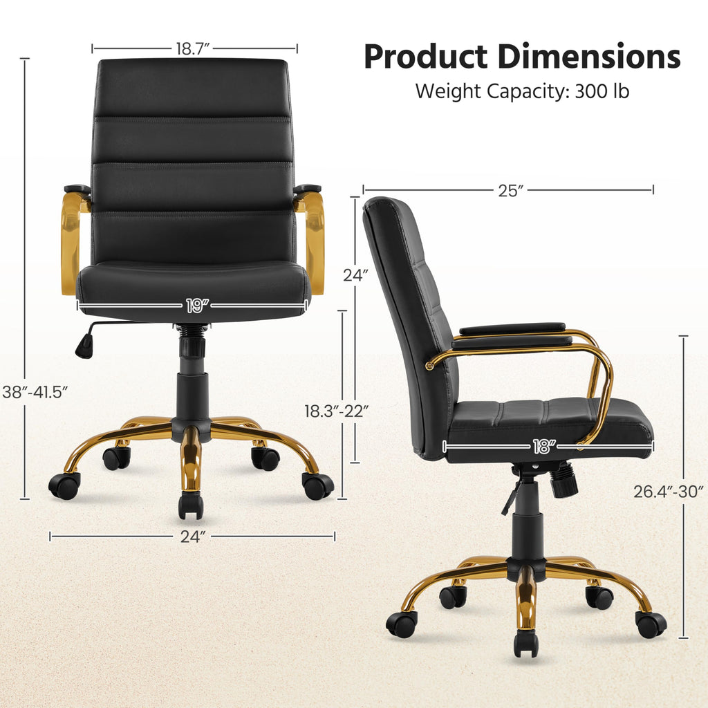 Yaheetech Black and Gold Office Chair Mid Back Pu Leather Rocking Desk Seat, 24? W × 25? D × (38-41.5)? H