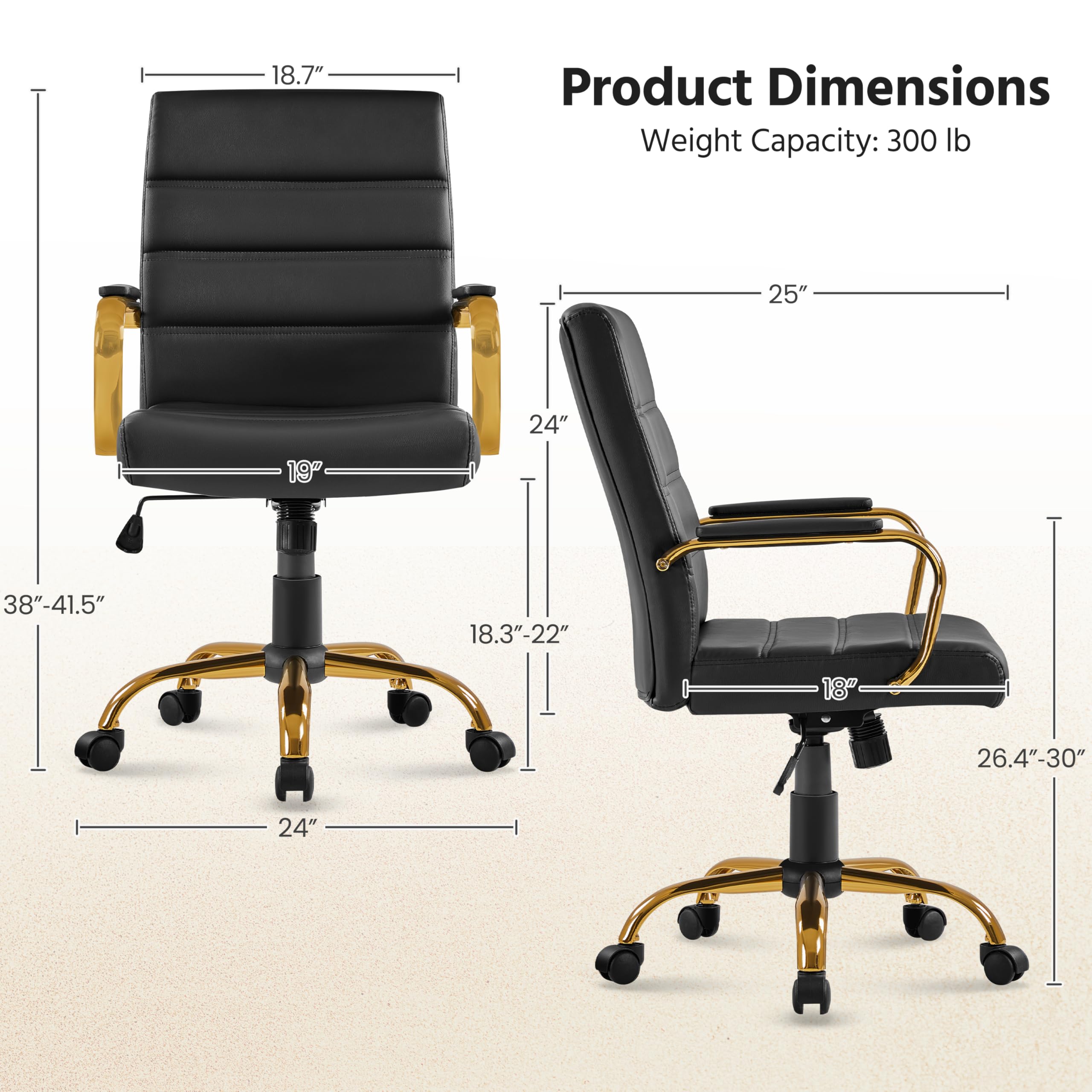 Yaheetech Black and Gold Office Chair Mid Back Pu Leather Rocking Desk Seat, 24? W × 25? D × (38-41.5)? H