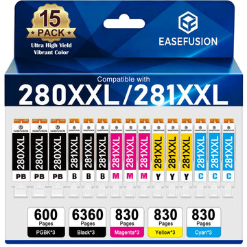 15 Pack 280XXL 281XXL 280 281 XXL Ink Cartridges to TR8620a TR8600 TR8620 TR8520 Ink Replacement for Canon PGI-280 CLI-281 XL to TR7520 TS702a TS9520 TS9521C TS6120 TS6220 TS9120 TS6320 TS8220 Printer