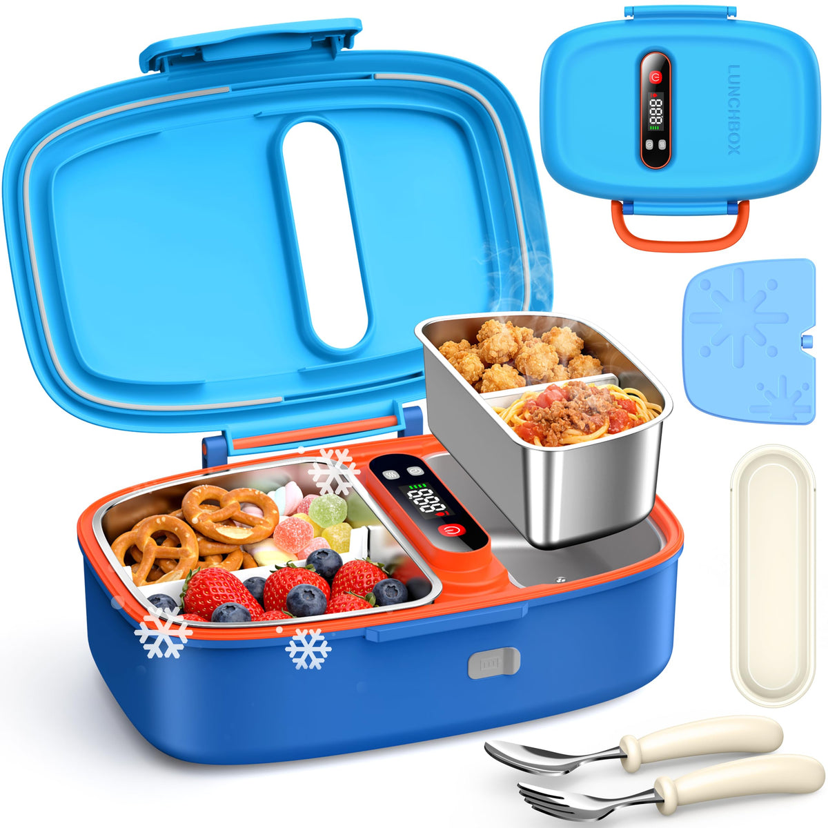 EAST OAK Cordless Electric Lunch Box for Kids with Ice Pack, Chill & Warm Zone with Scheduled Heating, Portable Leak-Proof Bento Box with Utensils, Removable Divider for Girls Boys Navy Blue