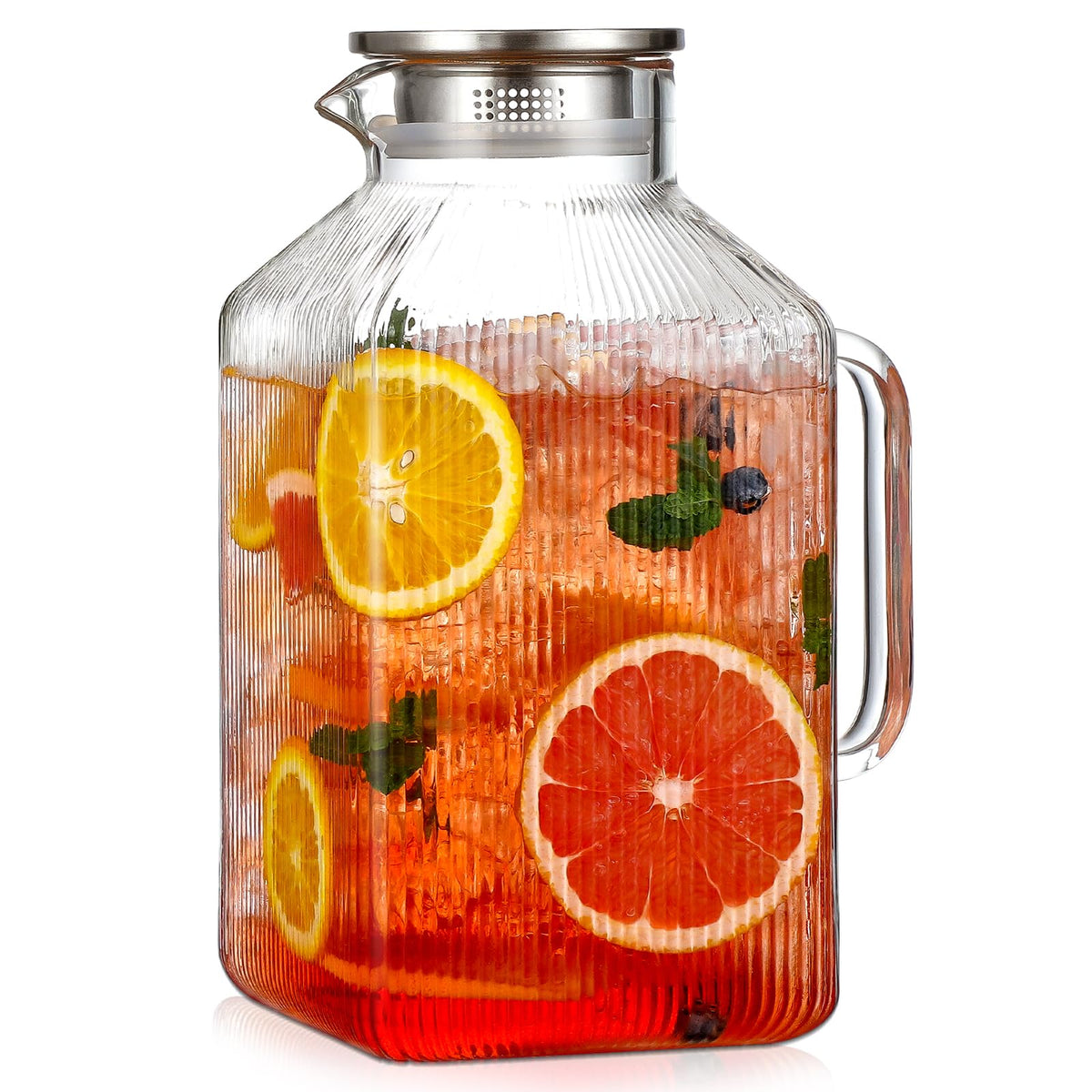 1 Gallon thickened Square Glass Pitcher with Lid, Classic Stripes Water Pitchers for Fridge, Borosilicate Glass Carafe for Hot/Cold Brew Drink, Extra Large Jug with Handle for Iced Tea, Coffee, Juice