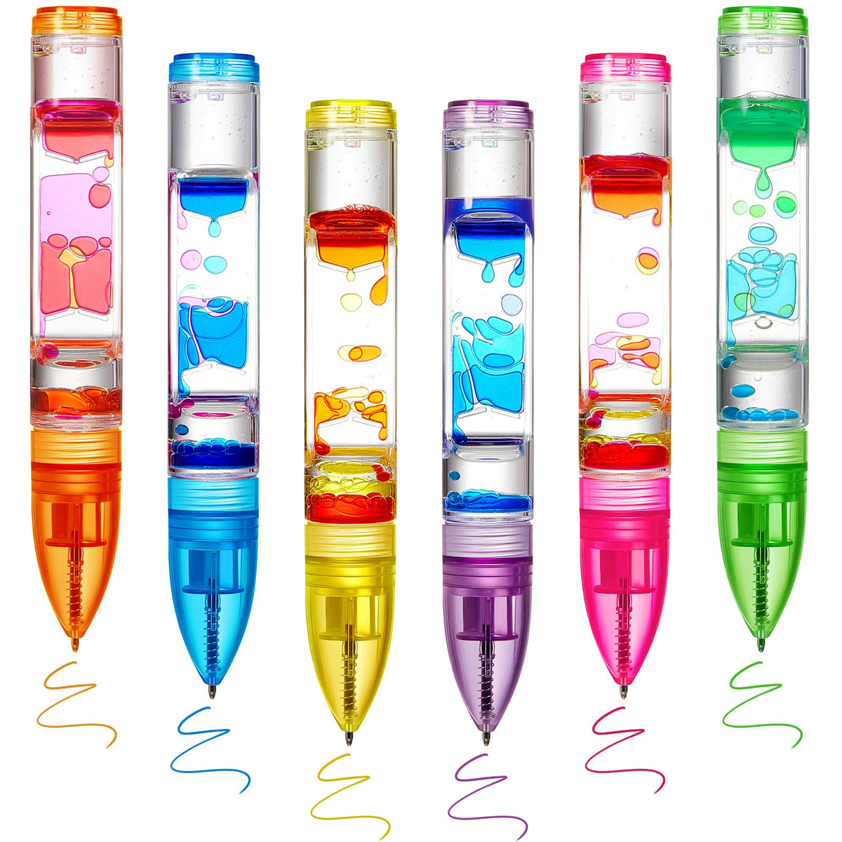 Equsion 6 Pcs Liquid Motion Bubbler Pens Cool Pens Fidget Pen Fun Liquid Timer Pen Fidget Toys Office Desk Toys Novelty Gifts for Autism ADHD Anxiety Stress Relief Sensory Play (Vibrant Color)