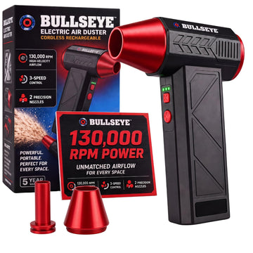 BULLSEYE Blaster 130000 RPM Electric Air Duster, Rechargeable Cordless Compressed Air Blower for Computer Cleaning, Keyboard, Electronics, Car Detailing, 3 Speed Turbo, 2 Nozzles – As Seen on TV