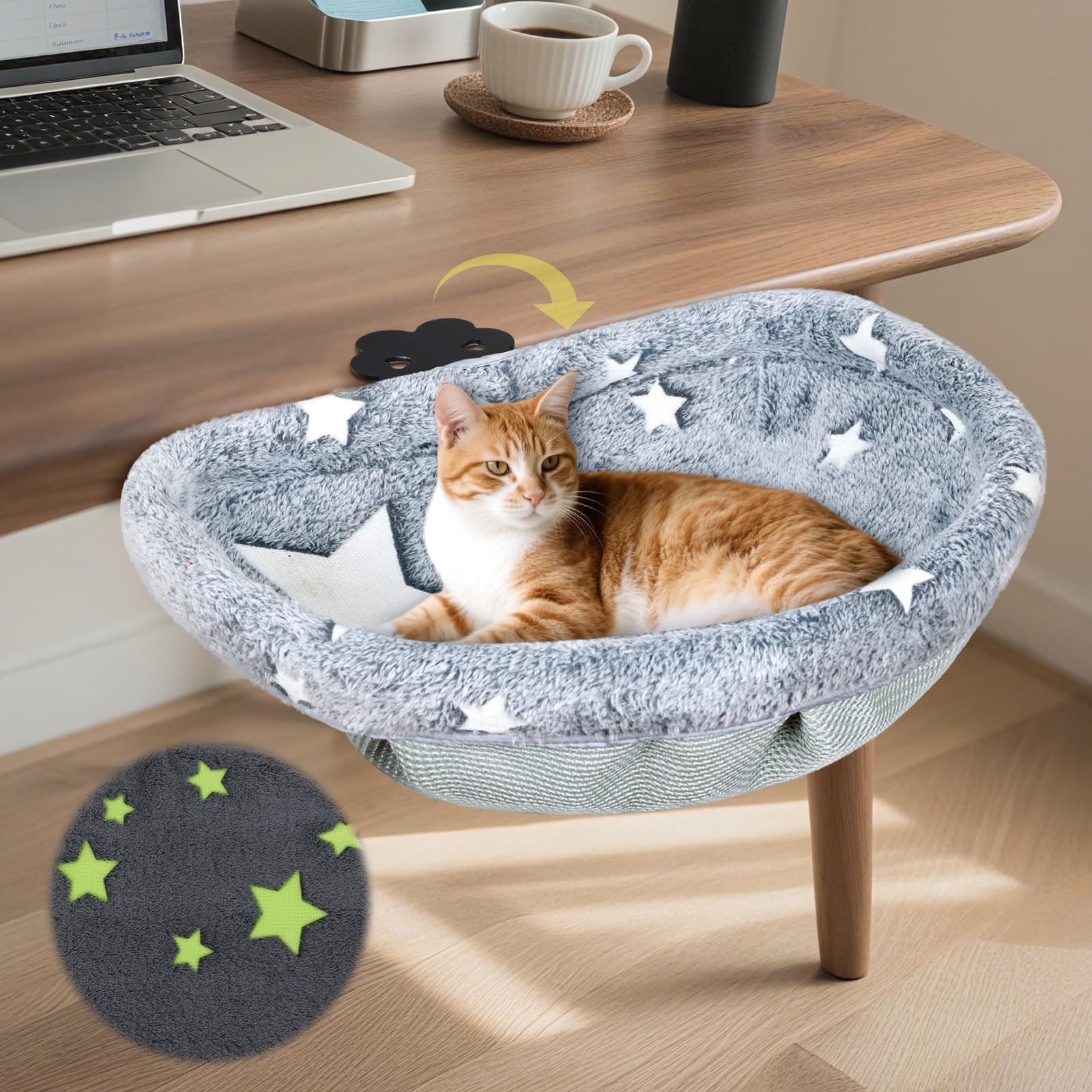 Cat Desk Bed with Clamp, Glow in The Dark Cat Desk Hammock, Desk Perch with Removable Washable Cover, Sturdy Metal Frame, Supports up to 50 Lbs