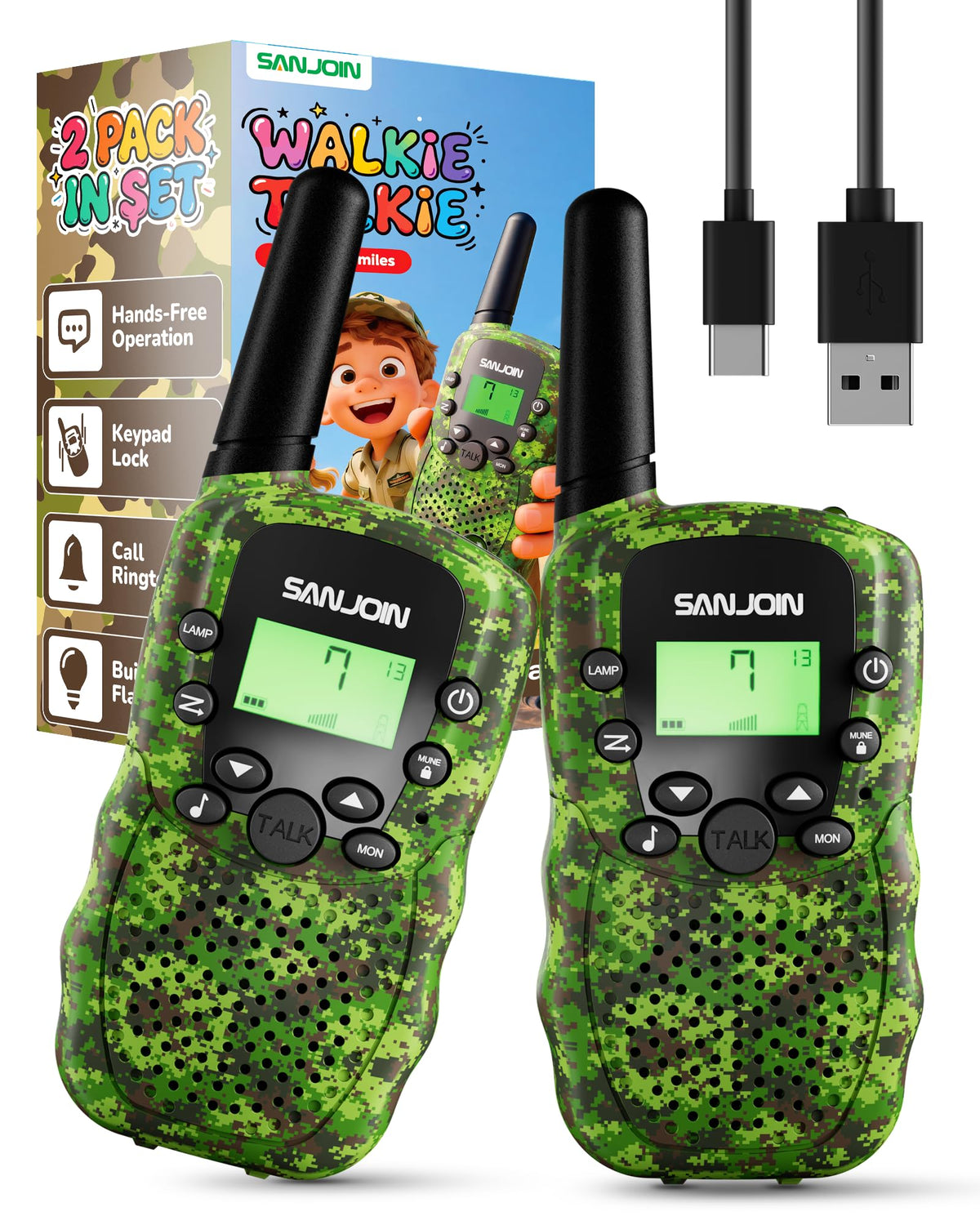 SANJOIN Rechargeable Walkie Talkies 2 Pack for Kids, Toys for 3-12 Years Old Boys Girls, Camo Walkie Talkie 3 Miles Range for Camping, Outdoor, Birthday Gifts for 4 5 6 7 8 9 10 11 12 Year Old