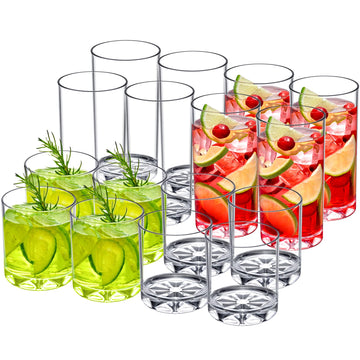 Amazing Abby - Liberty - 12-Ounce and 16-Ounce Plastic Tumblers (Set of 16), Plastic Drinking Glasses, All-Clear Reusable Cups, BPA-Free, Shatter-Proof, Dishwasher-Safe