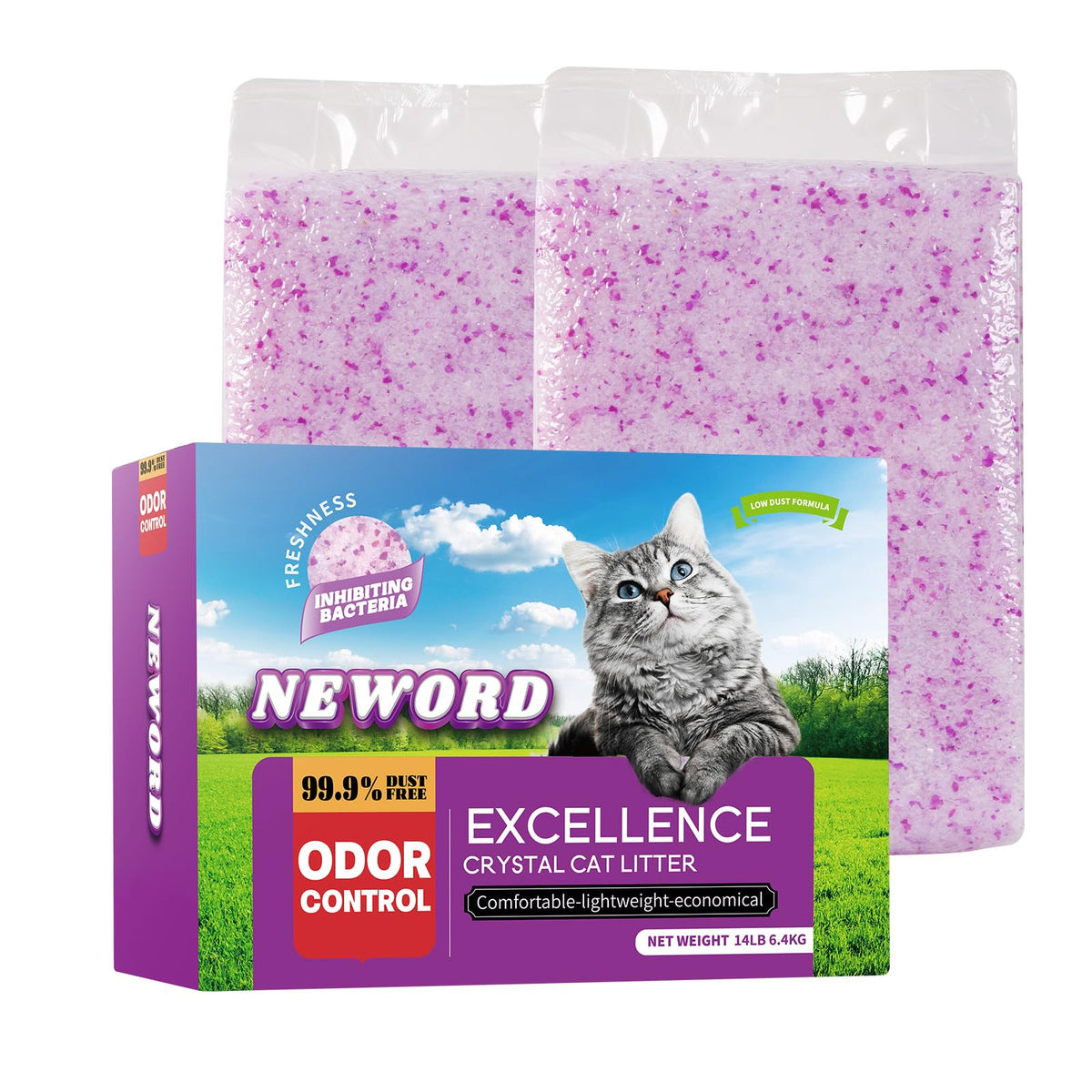 NEWORD Crystals Cat Litter Lightly Scented Litter Superior Odor Control 14 lbs Total (2 Pack of 7lb Bags) Soft-On-Paws Low Tracking Dust-Free Purple Silica Gel, Lavender