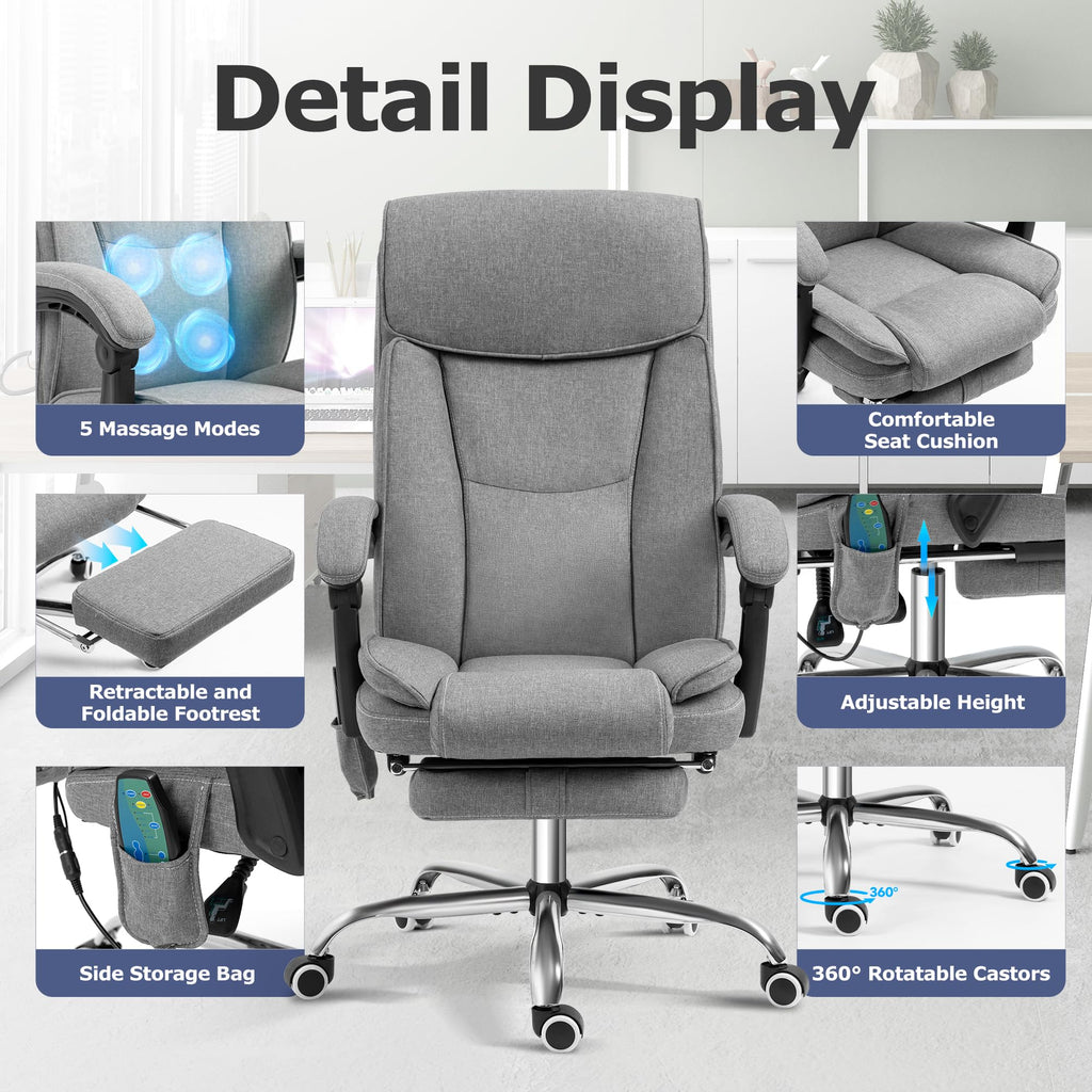Tonghuas Massage Office Chair with Foot Rest Vibration and Heating, 90-130° Reclining Desk Chair, Ergonomic Reclining Computer Gaming Fabric
