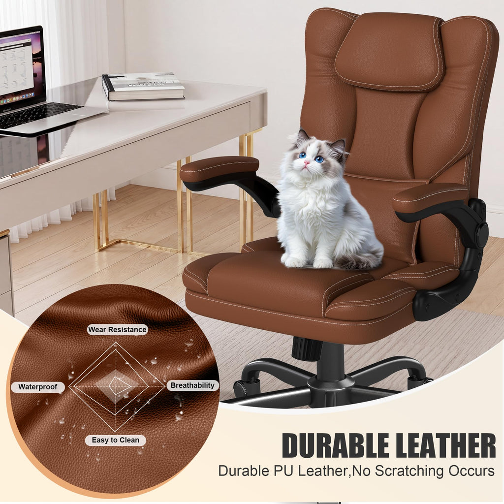 Ergonomic Office Chair Flip Up Arms Lumbar Support Home Office Desk Chair, Middle, Brown