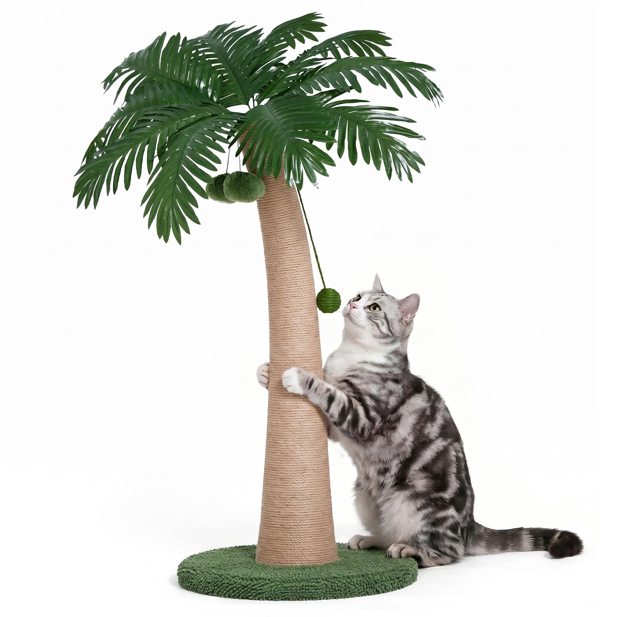 43 Inch Tall Cat Scratching Post for Indoor Large Cats, Natural Sisal Scratch Post with Hanging Toys, Stable Base Cat Scratcher for Kittens & Adult Cats, Tropical Cat Tree Furniture