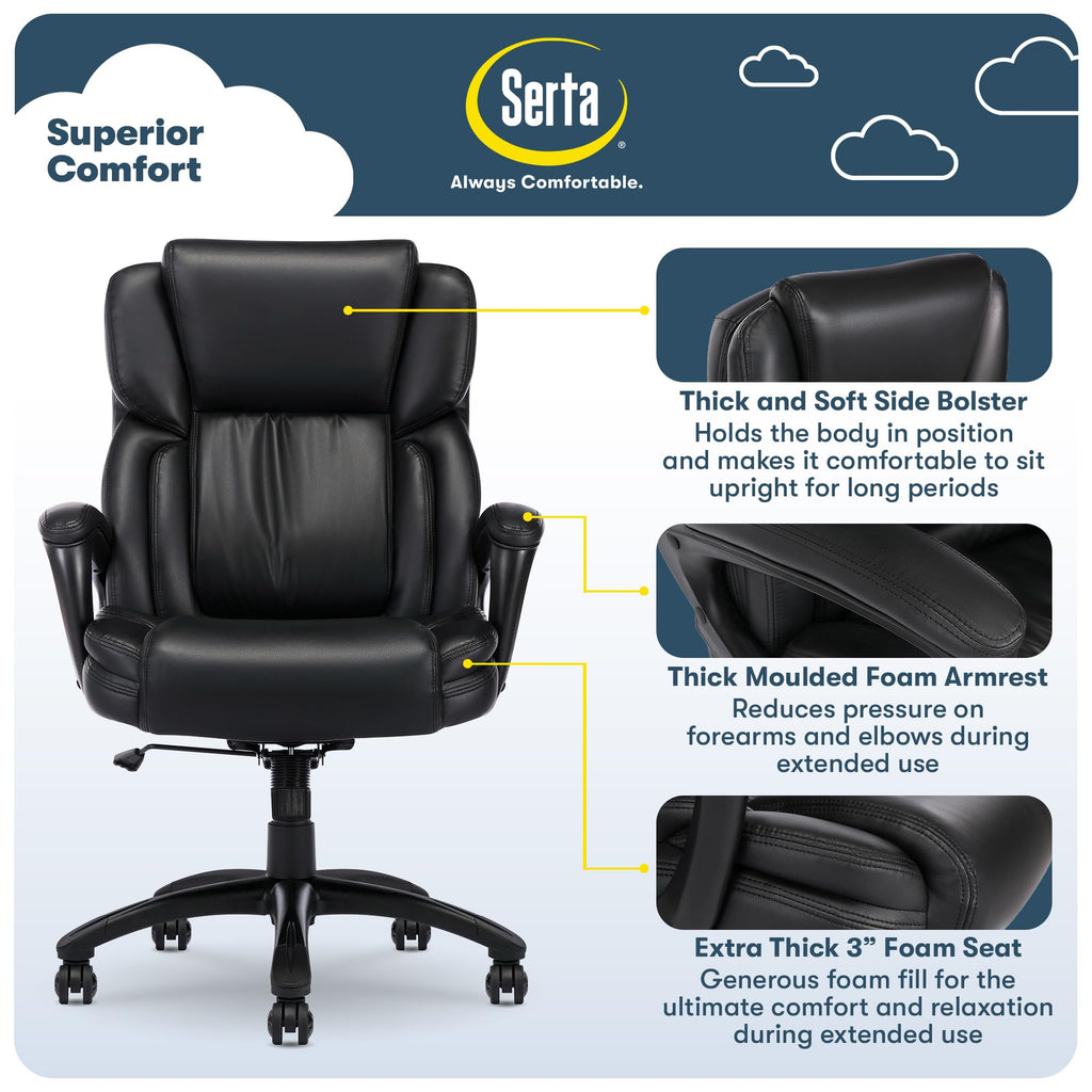 Serta Ergonomic Executive Office Chair with Lumbar Support, Leather Chair, High-Back, Space Black