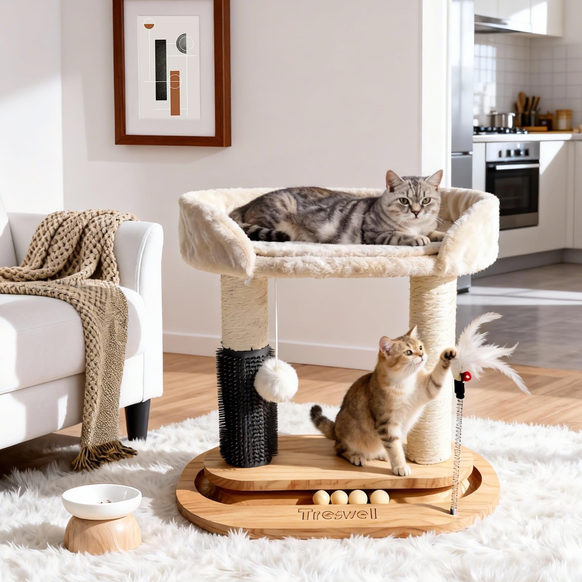 Small Cat Tree Tower, 16.5''H Cat Scratching Post with Bed 6-in-1 Cat Tree with Self Groomer Brush, Natural Sisal Scratcher Cute Kitten Climbing Tower with Scratching Post, Interactive Toy for Indoor