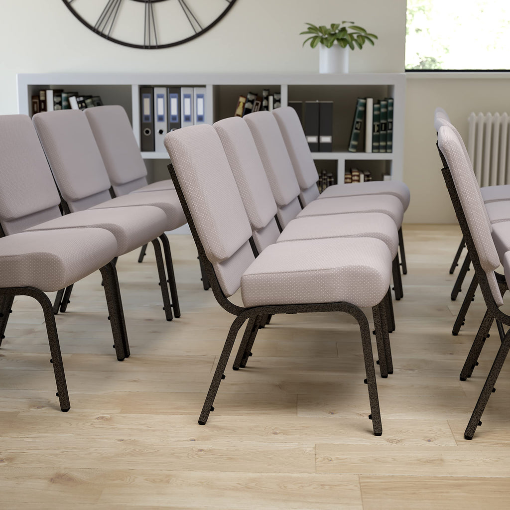 Emma + Oliver Gray Dot Fabric 21" W Stacking Church Chair, 21.25"W x 25"D x 33"H, Gray Dot Fabric/silver Vein Frame