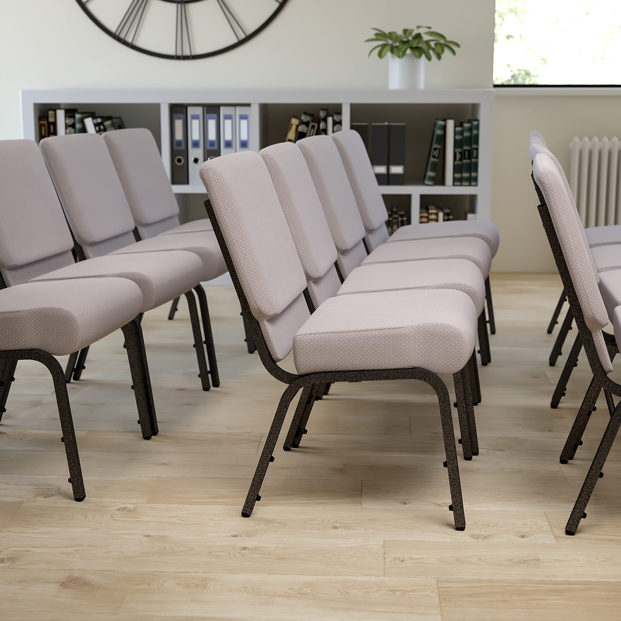 Emma + Oliver Gray Dot Fabric 21" W Stacking Church Chair, 21.25"W x 25"D x 33"H, Gray Dot Fabric/silver Vein Frame