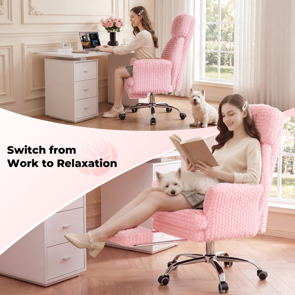 Big and Tall Office Chair, Flip Armrests for Pets & Cross Legged Sitting, Pink Rose Velvet