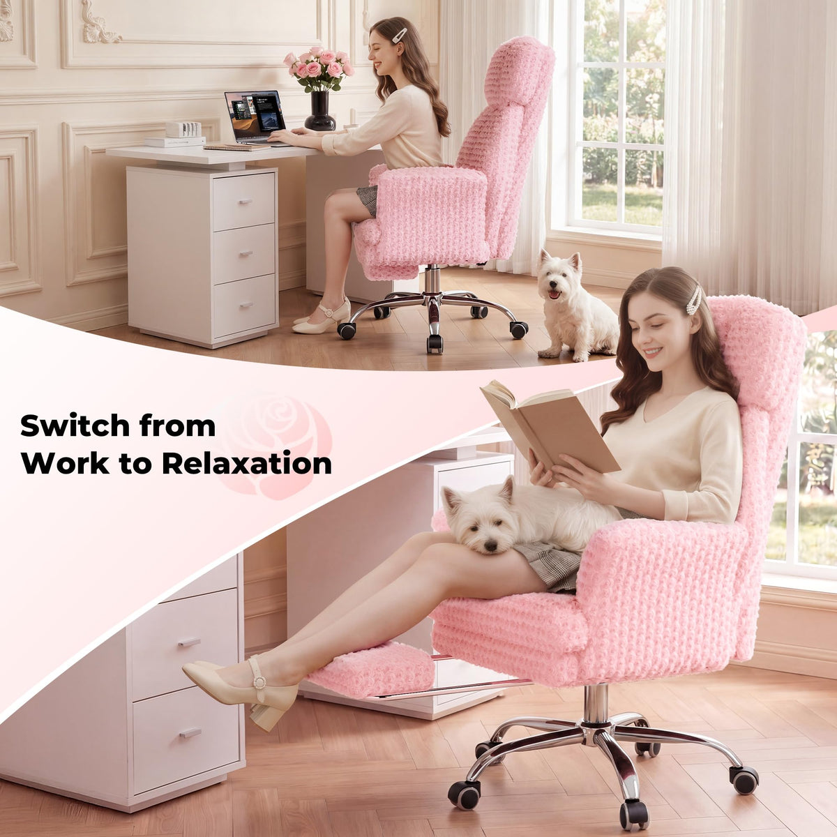 Big and Tall Office Chair, Flip Armrests for Pets & Cross Legged Sitting, Pink Rose Velvet