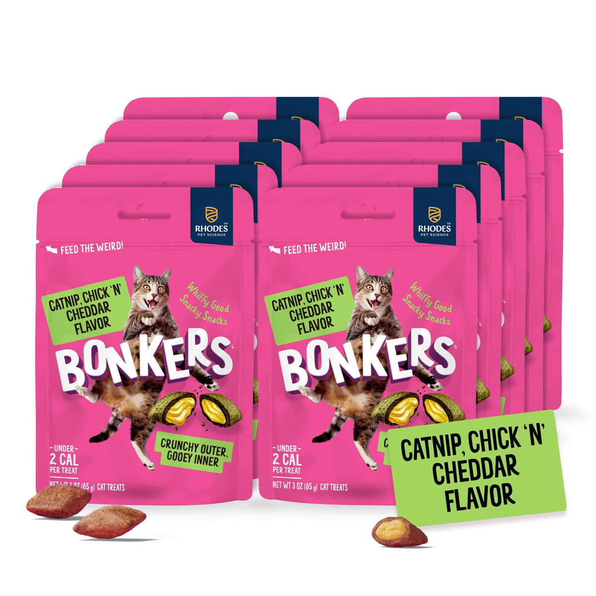 Bonkers Bites Catnip & Chick 'N' Cheddar Flavor Crunchy & Soft Treats for Cats, 3oz Bag (Pack of 10)