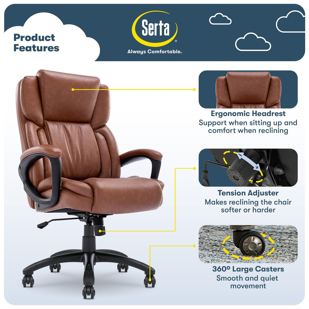 Serta Ergonomic Executive Office Chair with Lumbar Support, Leather Chair, High-Back, Cognac