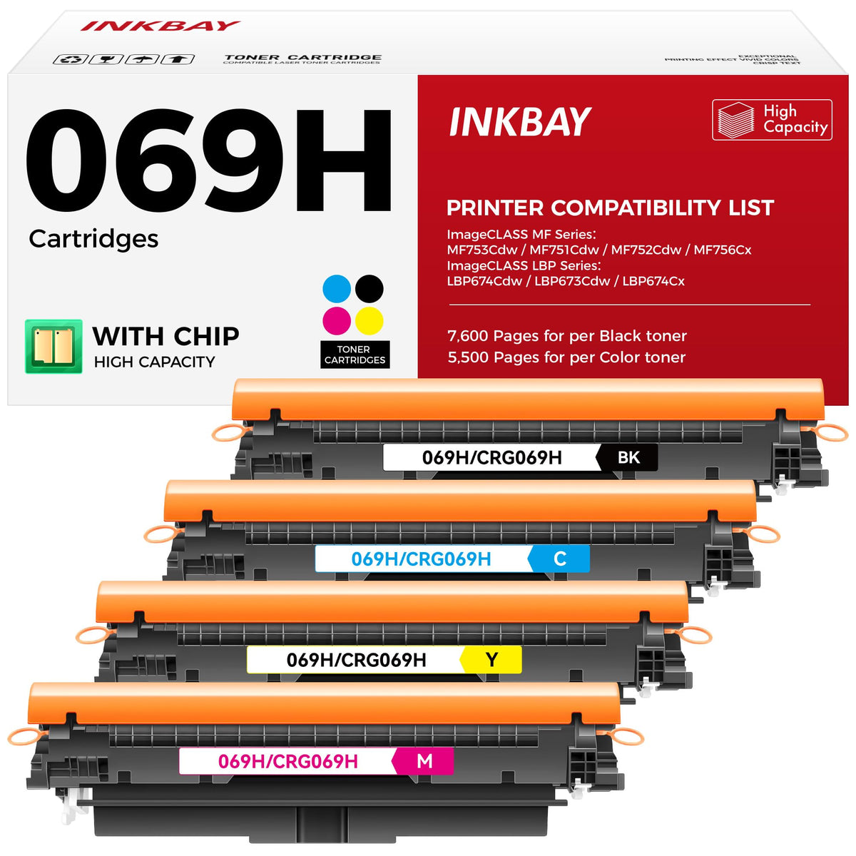 069H 069 Toner Cartridge Set 4-Pack MF753Cdw Black Cyan Magenta Yellow Replacement for Canon 069 069H Toner Compatible with Canon Color imageCLASS MF753Cdw MF751Cdw LBP674Cdw Printer Ink All-in-One