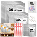 100 PCS Mylar Bags with 100cc Oxygen Absorbers, 3-Size Food Storage Bags Variety Pack (1 Quart, 1 Pint, 40oz)Stand-up Resealable Zipper & Heat Sealable for Long Term Food Storage, 5 Clips & 120 Labels