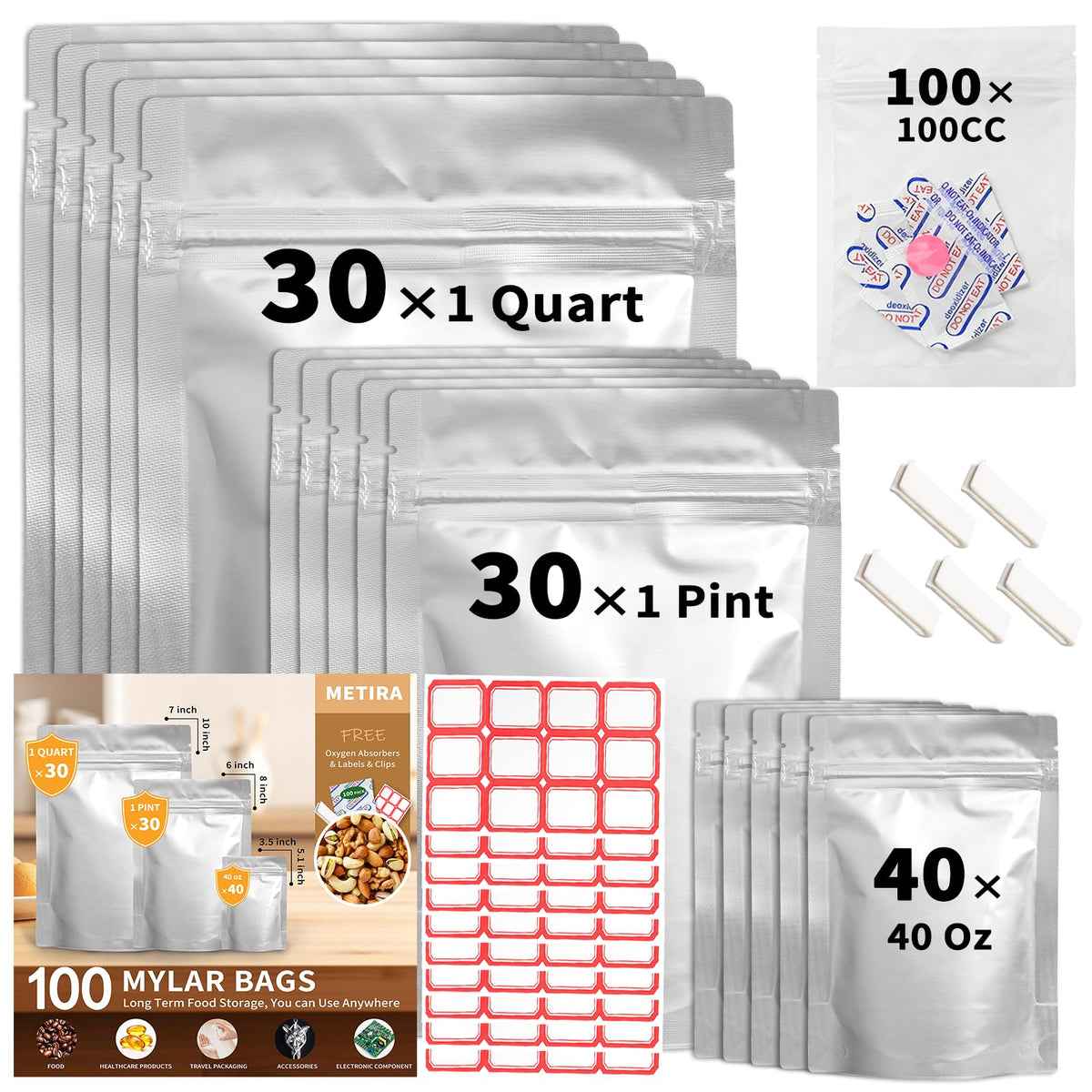 100 PCS Mylar Bags with 100cc Oxygen Absorbers, 3-Size Food Storage Bags Variety Pack (1 Quart, 1 Pint, 40oz)Stand-up Resealable Zipper & Heat Sealable for Long Term Food Storage, 5 Clips & 120 Labels