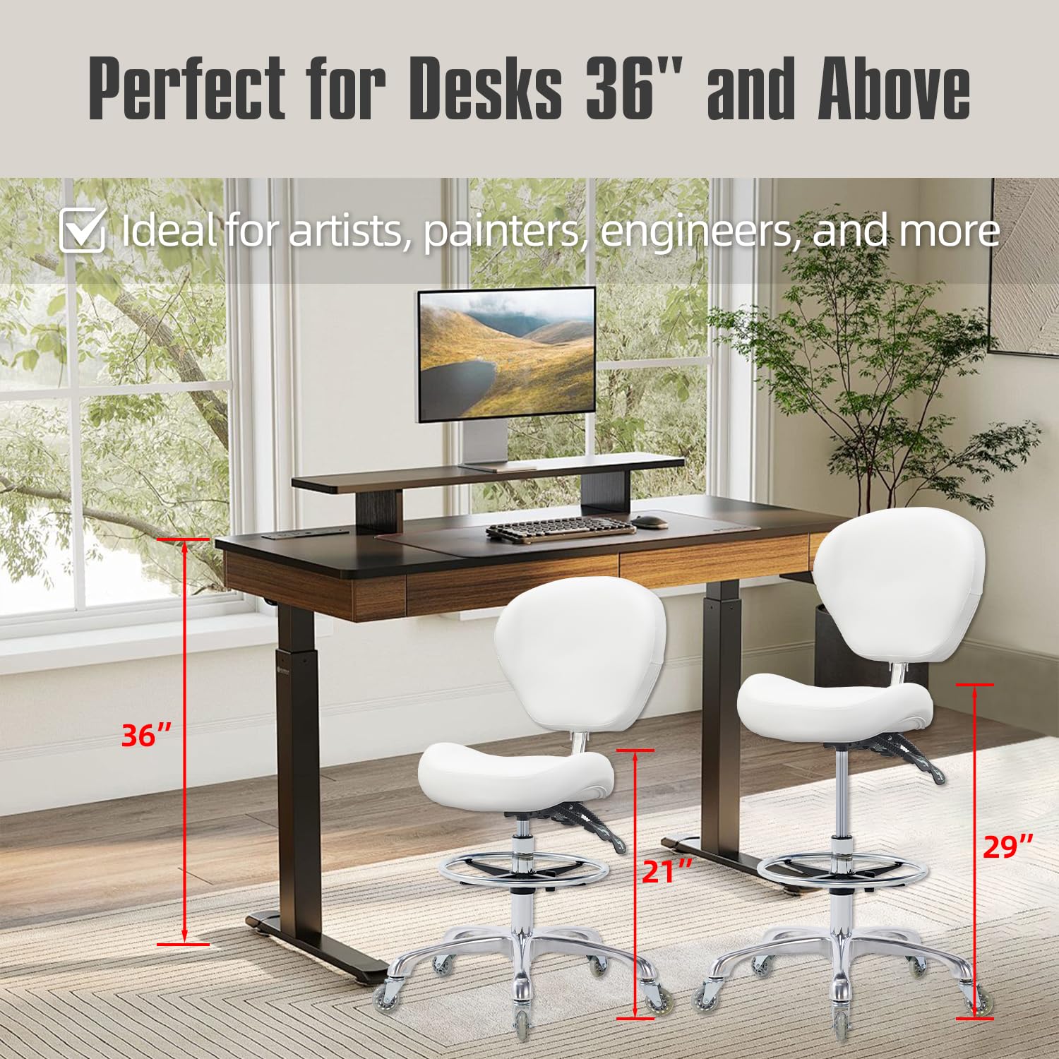 Grace&grace Drafting Chair Adjustable Tall Shop Stool, Rolling Stool with Back Support for Studio, Classroom, Lab, Counter, Medical (white)