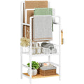 HOOBRO Free Standing Towel Rack, Blanket Rack with 3 Towel Bars, Storage Basket and Shelf, Towel Holder with Hook, Blanket Organizer, for Bathroom and Laundry, White and Natural WN13LB01