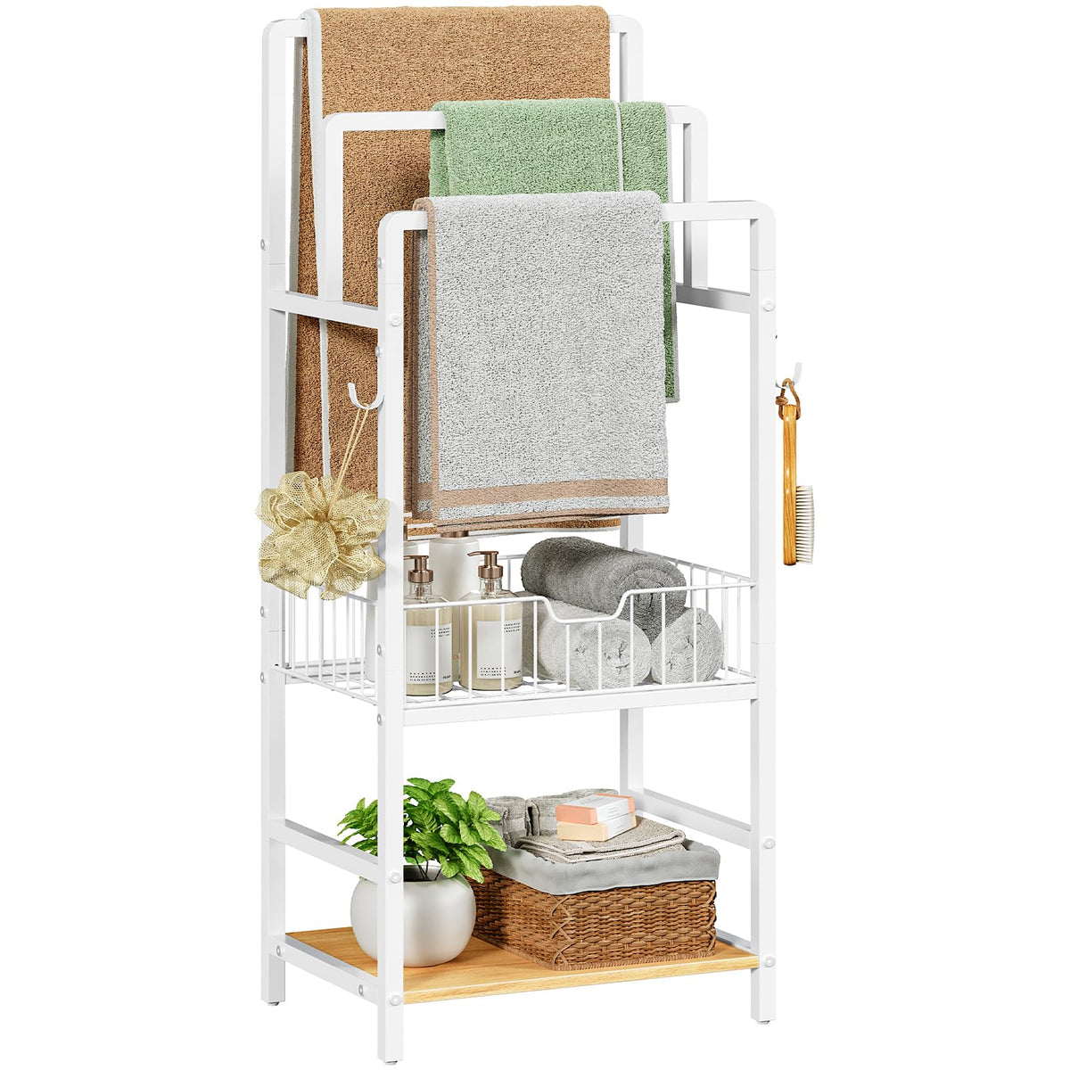 HOOBRO Free Standing Towel Rack, Blanket Rack with 3 Towel Bars, Storage Basket and Shelf, Towel Holder with Hook, Blanket Organizer, for Bathroom and Laundry, White and Natural WN13LB01