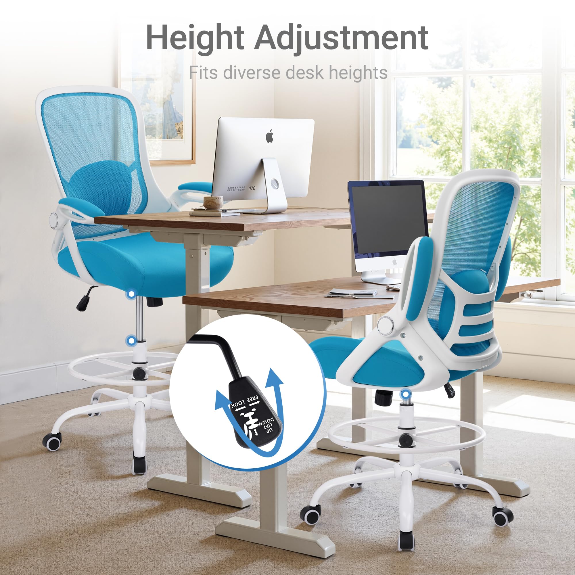 Hylone 400lbs Heavy Duty Drafting Chair 5" Thickened Seat Office Chair with Flip-up Armrests Tall Ergonomic Computer Chair with Lumbar Support