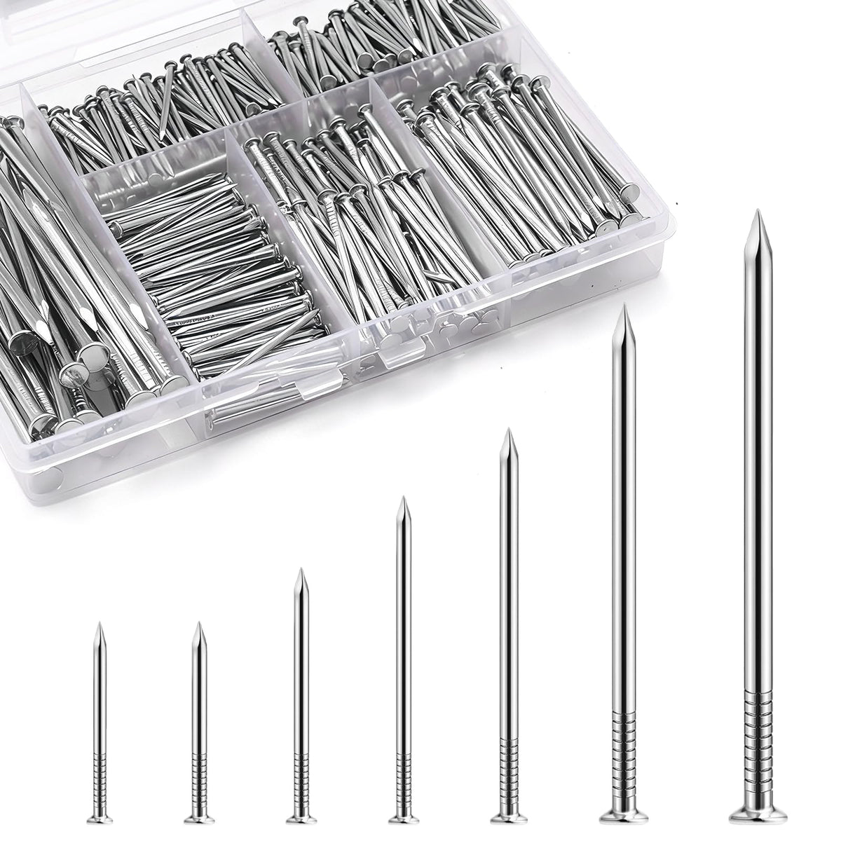 KOAMLY 510 Pcs Hardware Nails Stainless Steel Nails Assortment Kit,7 Sizes Mix Rust-Proof Common Nails for Wood, Fence, Furniture, Crafts & DIY Projects – Practical Fastener Kit Saves Your Time