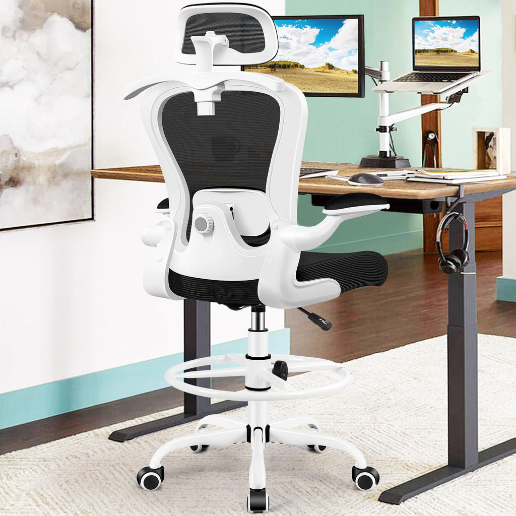 Athope Drafting Chair, Tall Office Chair with 3d Lumbar & Head Support, 18.9" x 19.7" x 50.4", White