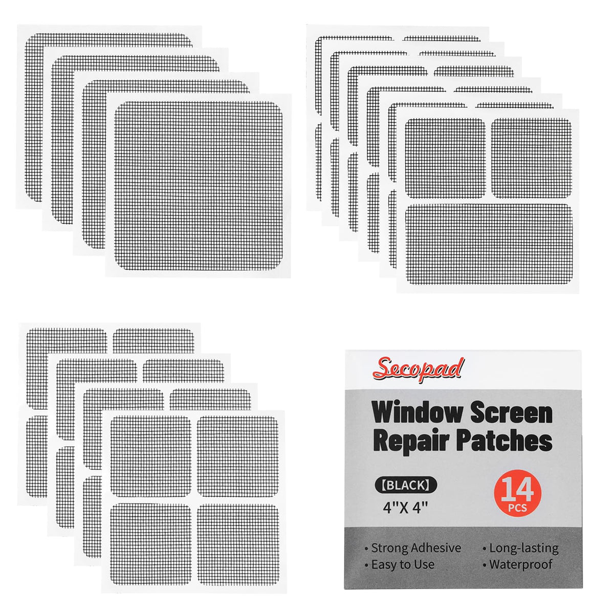 Secopad 14 Sheets Window Screen Patches Repair Kit, Black 3 Sizes Window Screen Repair Kit for Mesh Screen Door, Strong Adhesive Fiberglass Quick Screen Repair Tape