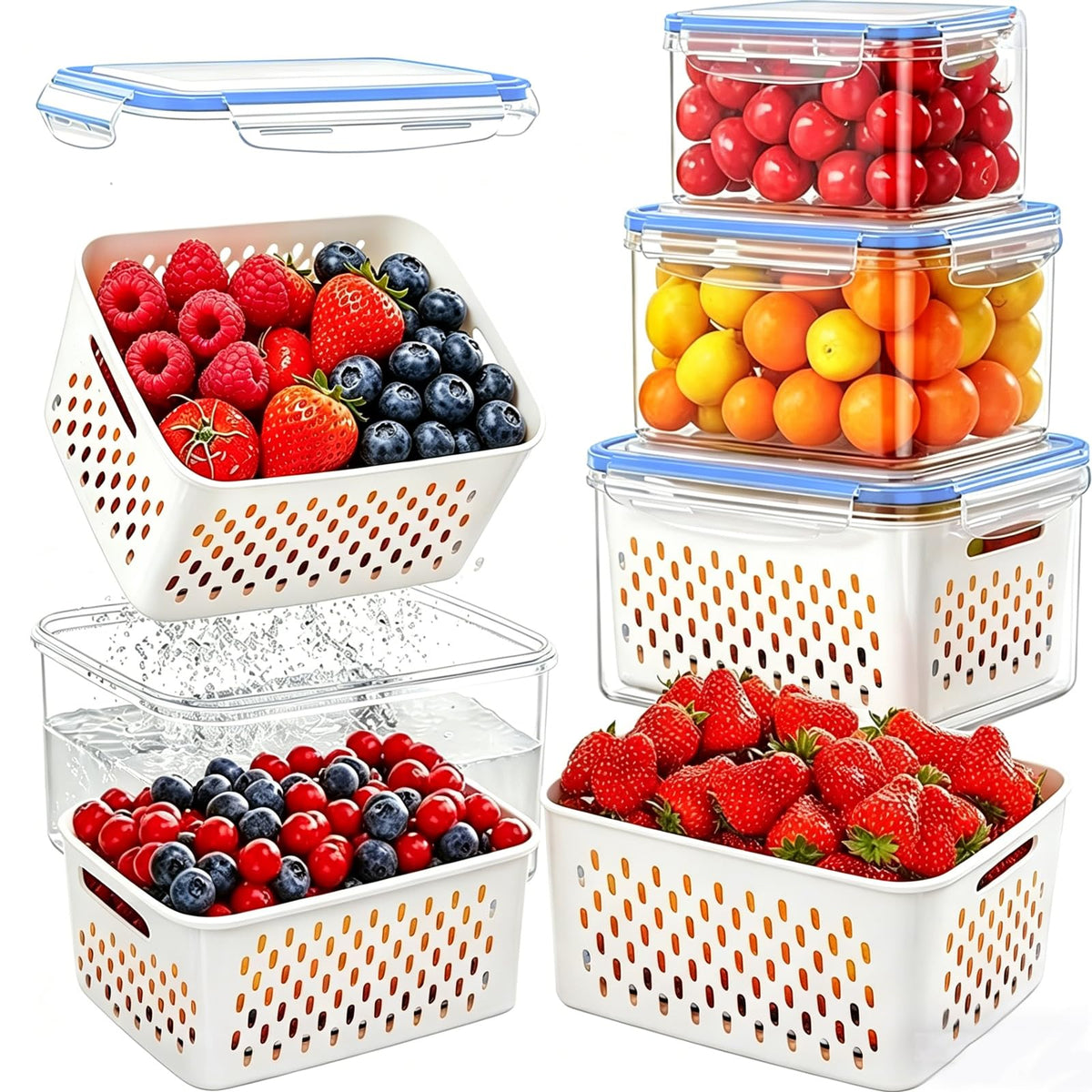 3 Pack Fruit Storage Containers for Fridge with Removable Colander – Airtight Produce Storage Containers with Lids, BPA-Free Berry Keeper for Vegetables, Lettuce & Meal Prep (29oz+59oz+112oz)