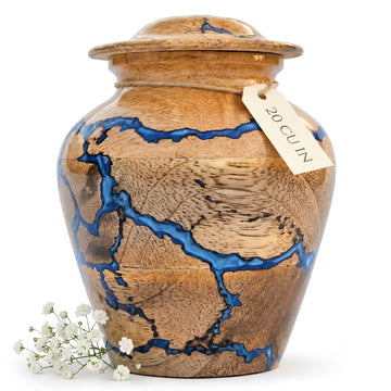 Small Keepsake Urn for Human Ashes, Handmade Wooden Mini Cremation Urn, 20 Cu in, Blue Resin Fractal Burn Design, Decorative Memorial Ashes Keepsake | SharingSmall Portion of Ashes