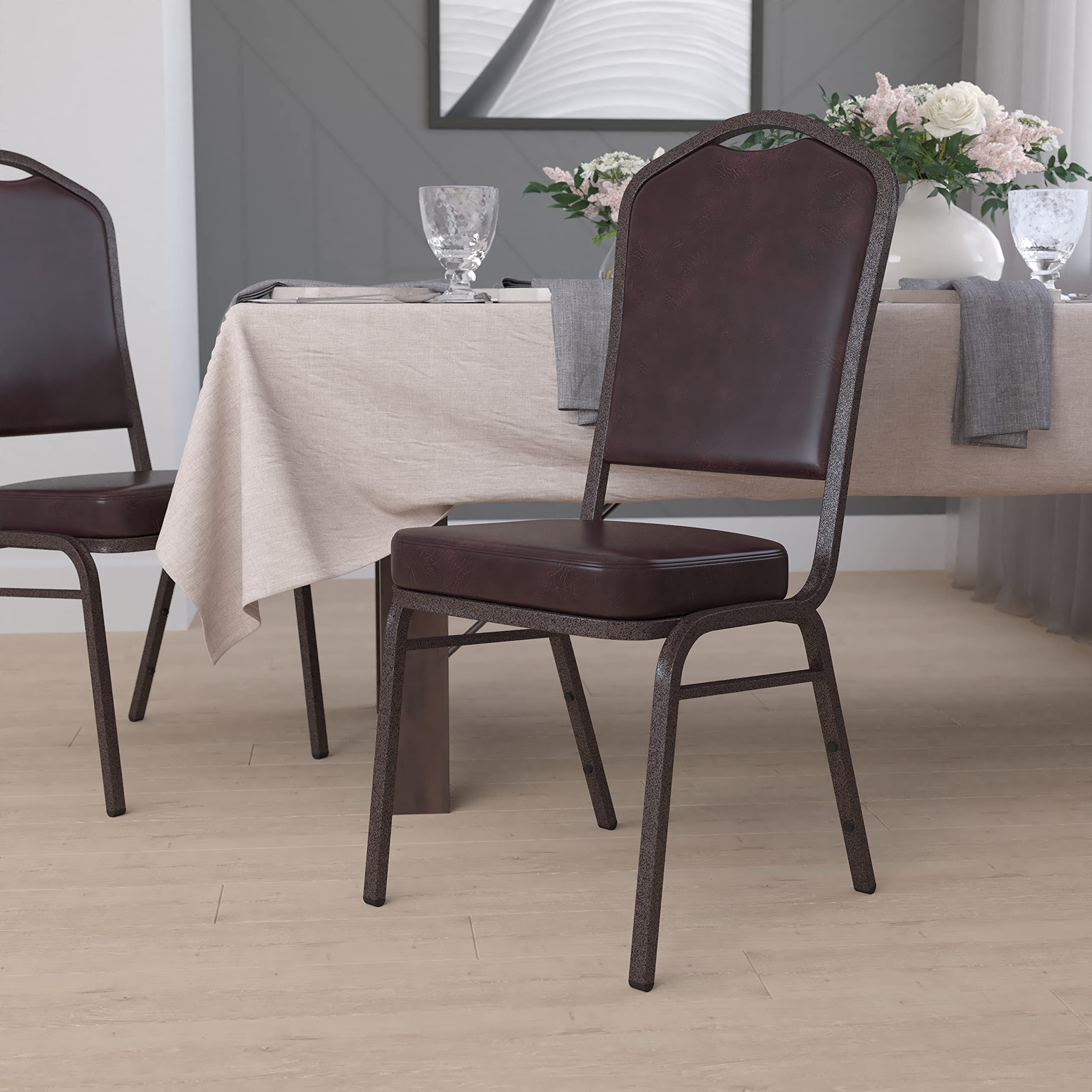 Flash Furniture Hercules Vinyl Crown Back Stackable Banquet Chair, Brown, Set of 1, Brown Vinyl/copper Vein Frame