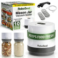 RoboSeal Electric Mason Jar Vacuum Sealer Kit with 10 Lids, Works on Wide & Regular Mouth for Canning Food, Auto Stop One Touch Operation, Digital Battery Indicator, Jar Opener Included
