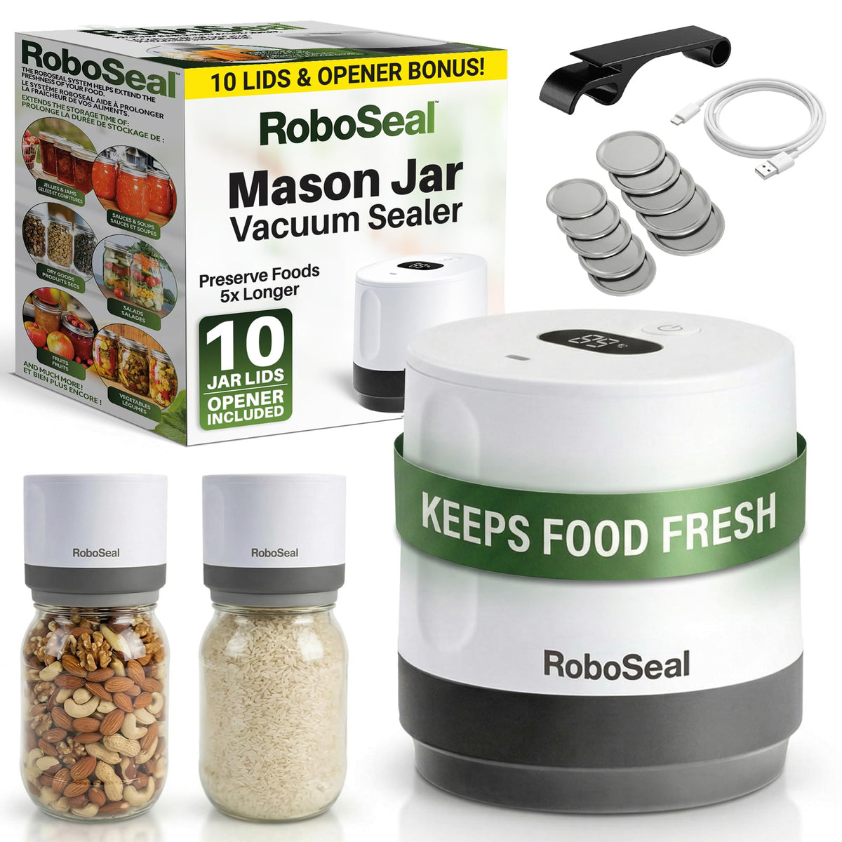RoboSeal Electric Mason Jar Vacuum Sealer Kit with 10 Lids, Works on Wide & Regular Mouth for Canning Food, Auto Stop One Touch Operation, Digital Battery Indicator, Jar Opener Included