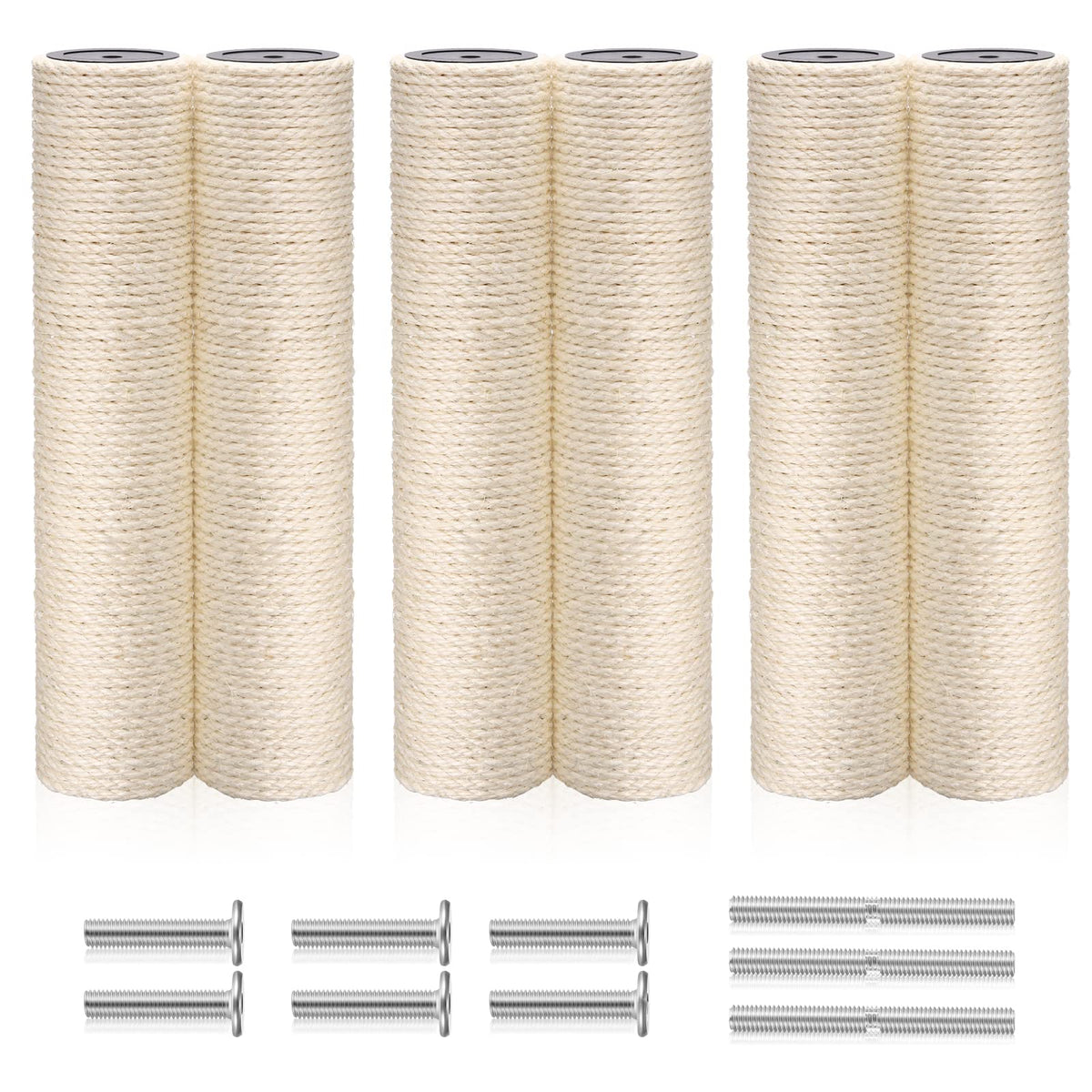 6 Pack Cat Scratching Post Replacement, White Hemp Rope Refill Scratching Post Cat Tree DIY Spare Cat Scratcher Large Cat Tower Refurbishment for Indoor Cats with M8 Screws, 3.5 x 15.8 Inches