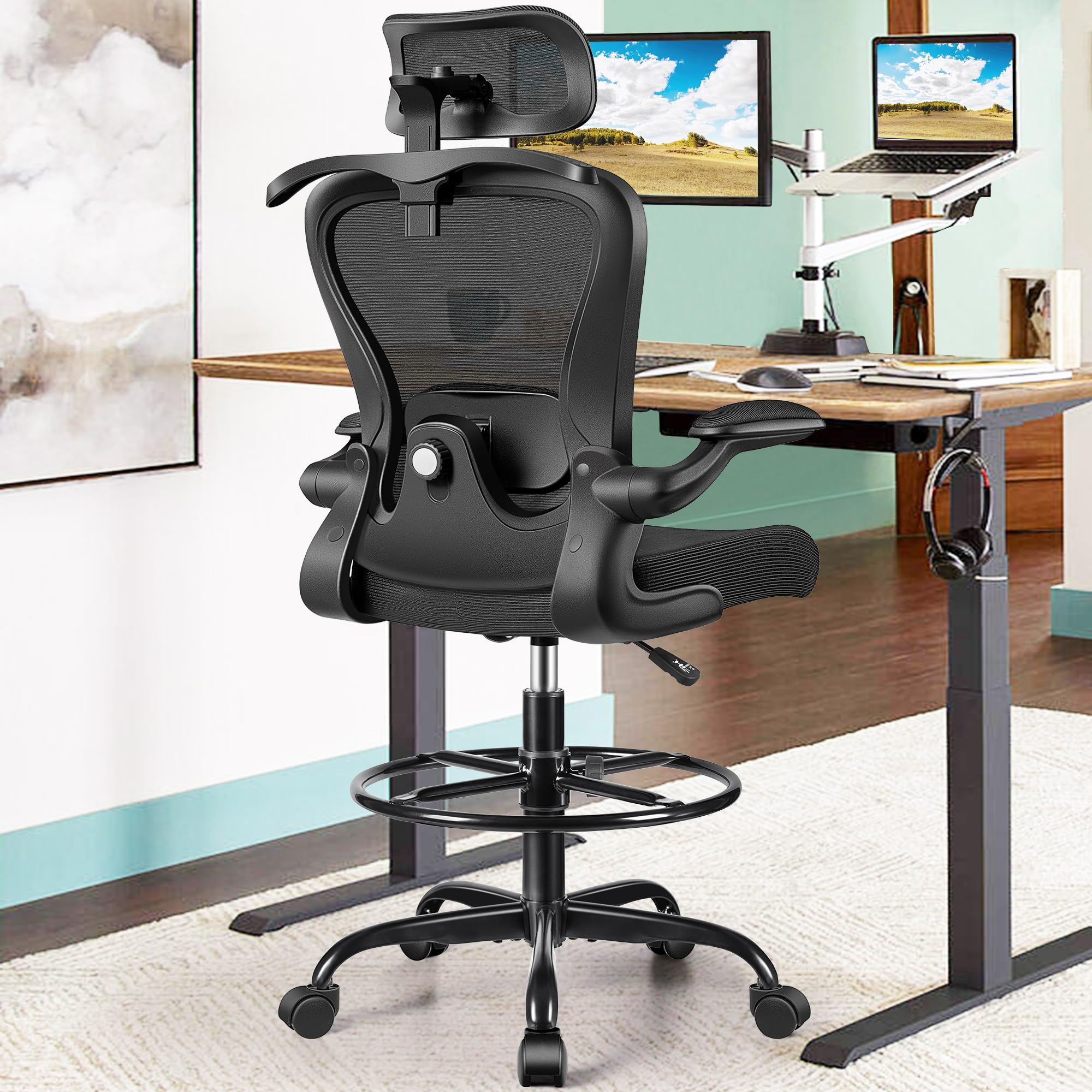 Athope Drafting Chair, Tall Office Chair with 3d Lumbar & Head Support, 18.9" x 19.7" x 50.4", Black