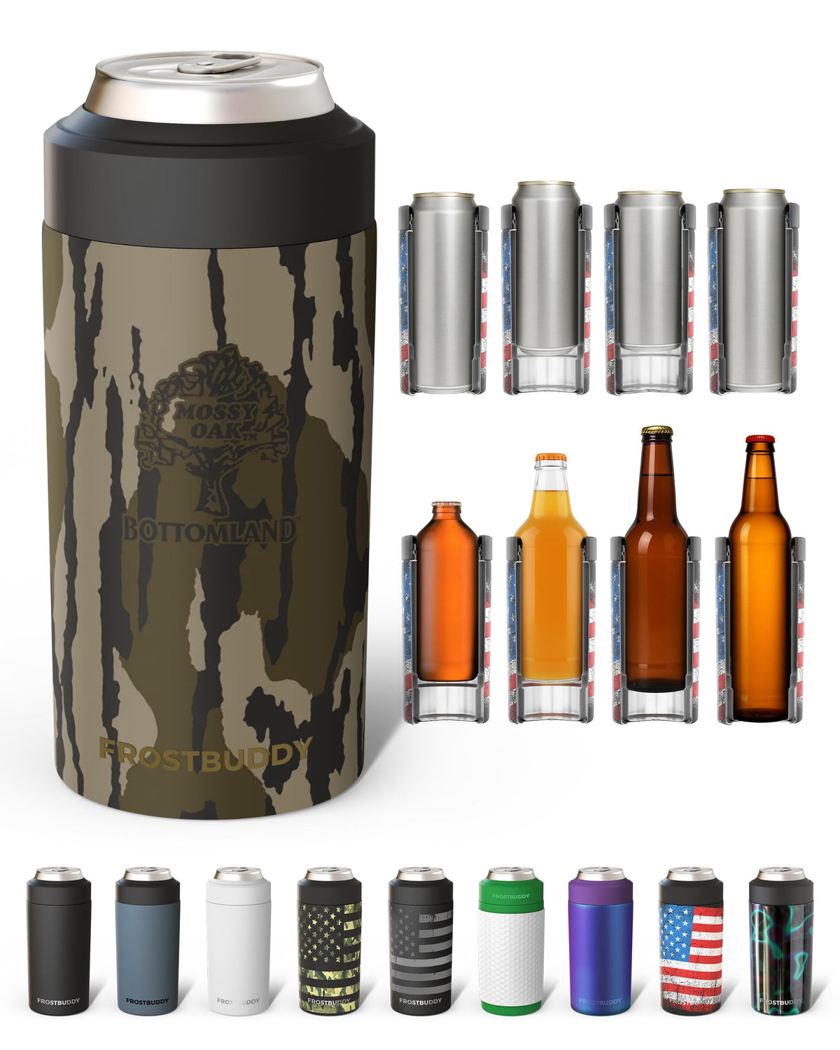Frost Buddy Universal Can Cooler - Fits all - Stainless Steel Can Cooler for 12 oz & 16 oz Regular or Slim Cans & Bottles - Stainless Steel (Mossy Oak Bottomland)